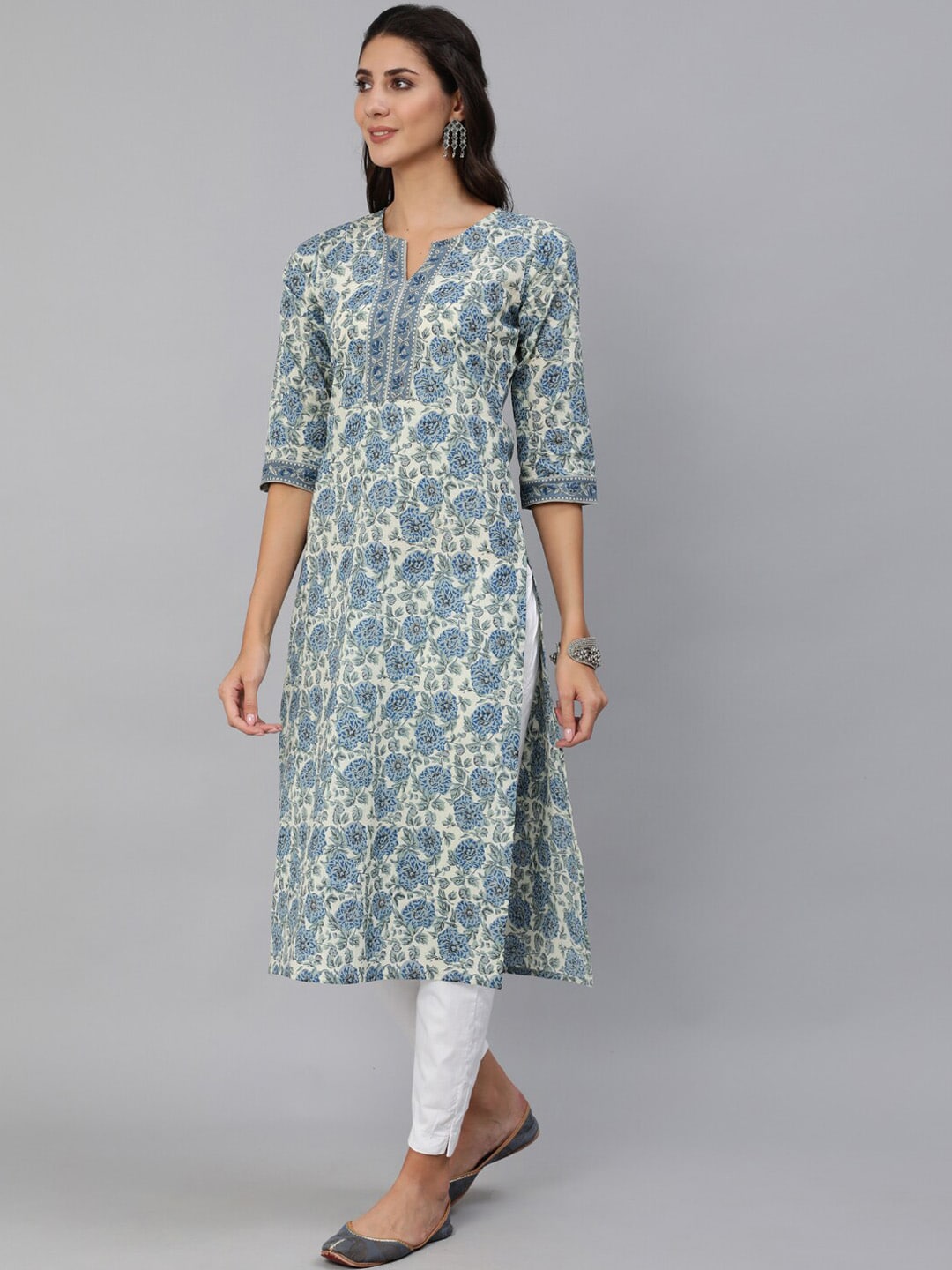Women Blue & Cream Floral Printed Straight Kurta With Three Quarter Sleeves - Image 5