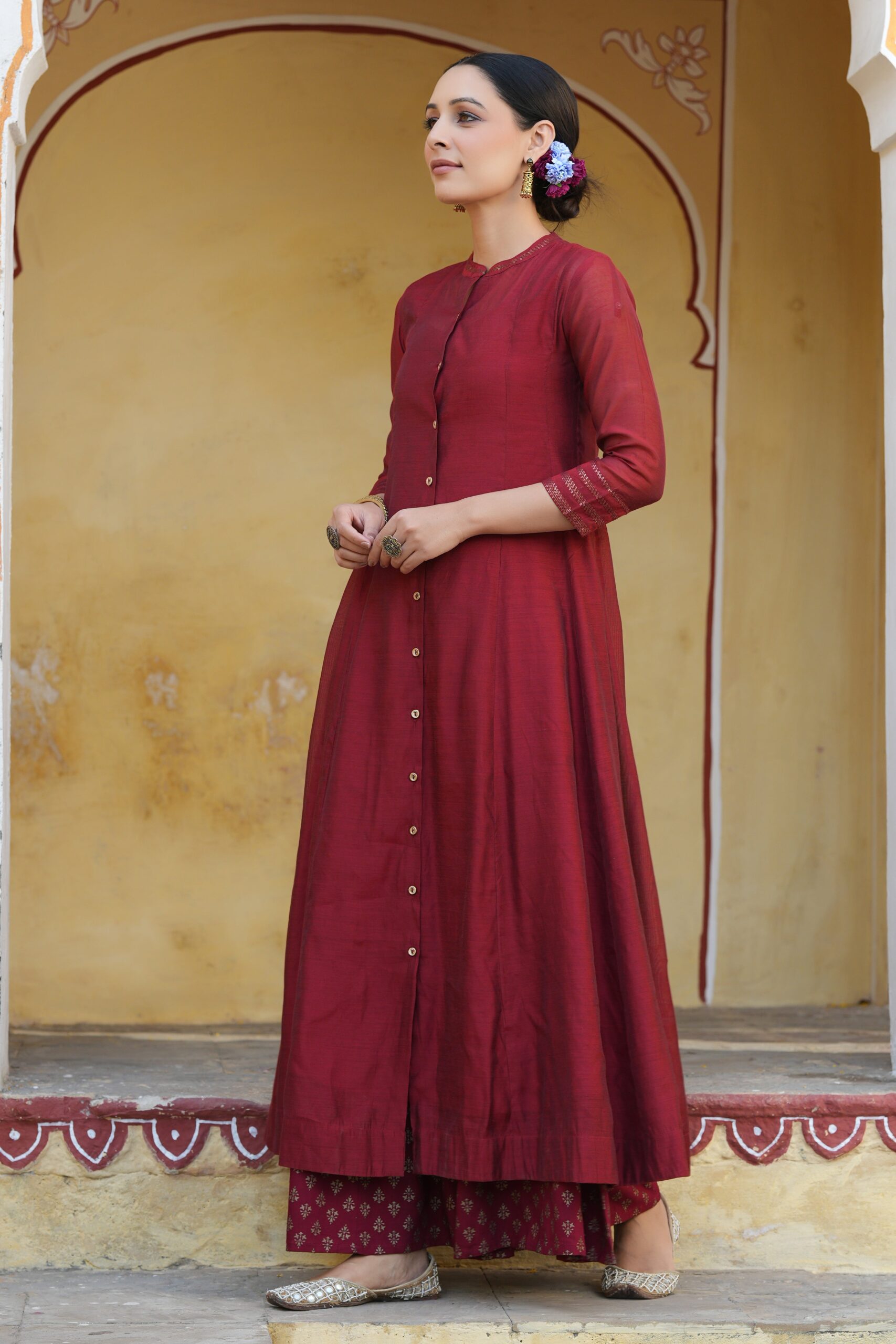 Maroon Chanderi Silk Solid Anarkali Kurta - Image 4