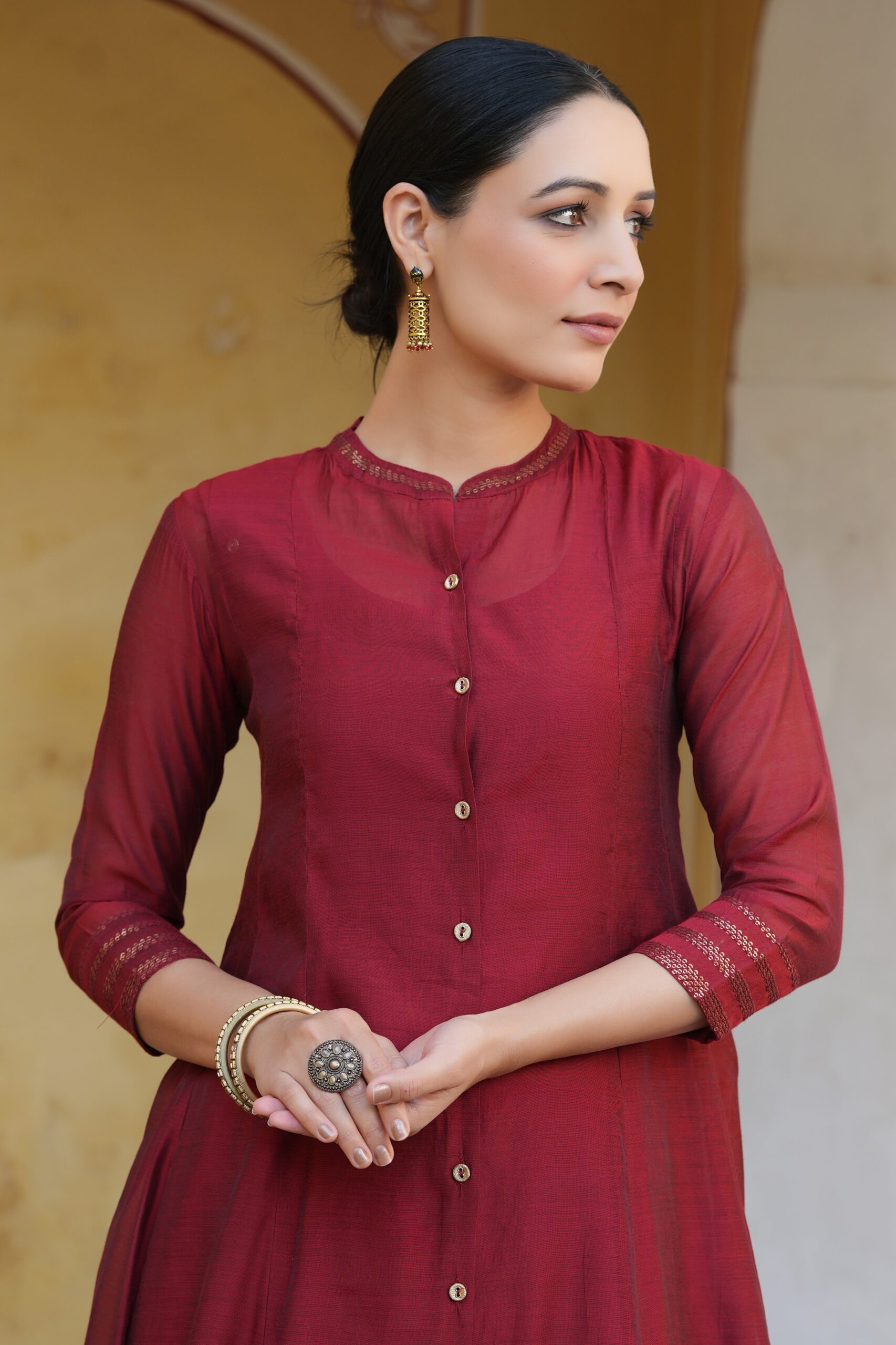 Maroon Chanderi Silk Solid Anarkali Kurta - Image 5