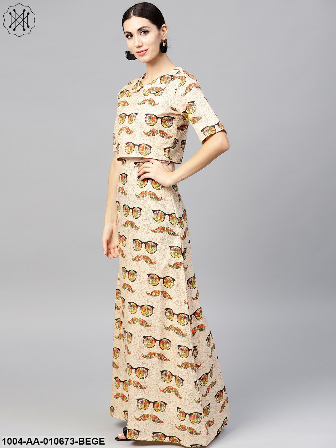 Beige Printed Peter Pan Collar Blouse With Floor Length Flared Ion Skirt - Image 4
