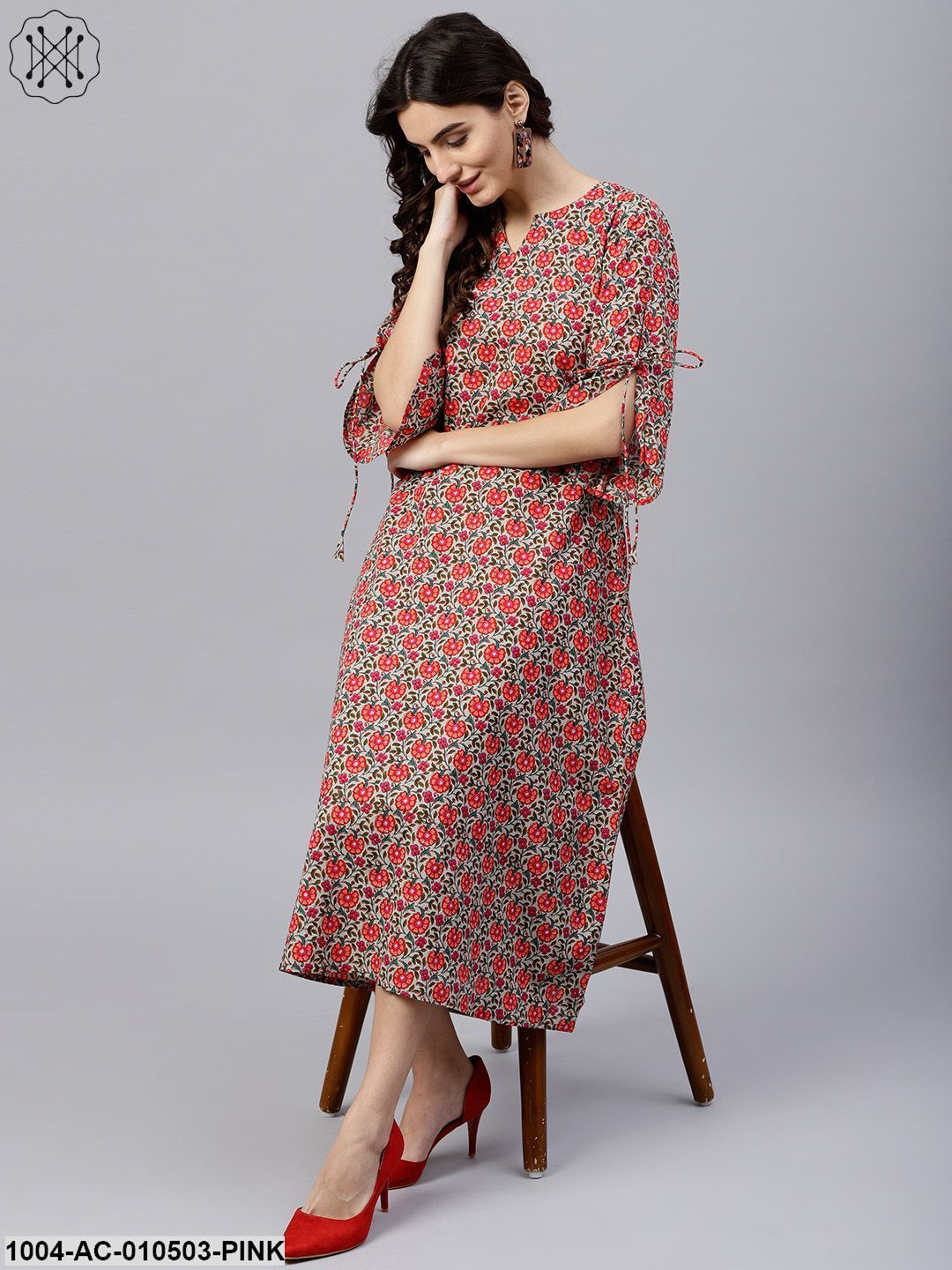 Floral Multi Printed A-Line Kurta With Keyhole Neck And 3/4 Sleeves - Image 3
