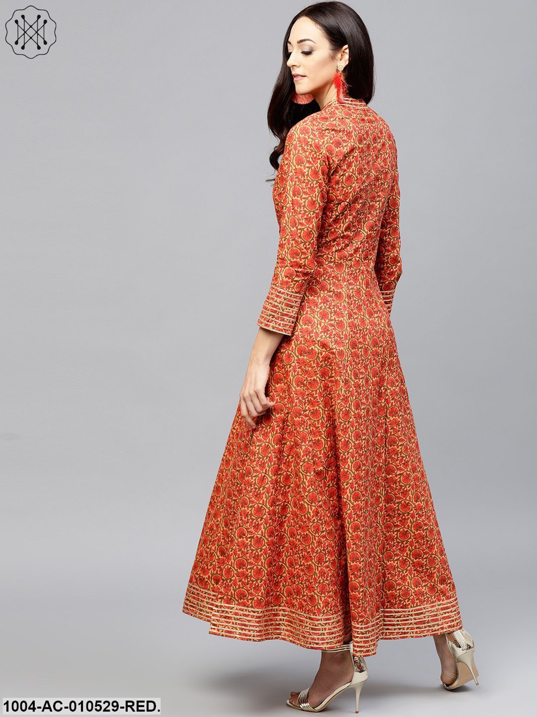 Red Floral Printed Maxi Dress With Madarin Collar Slit And Full Sleeves - Image 2