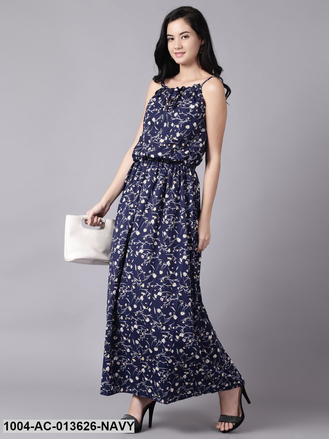 Navy Blue Floral Printed Shoulder Straps A-Line Dress - Image 2