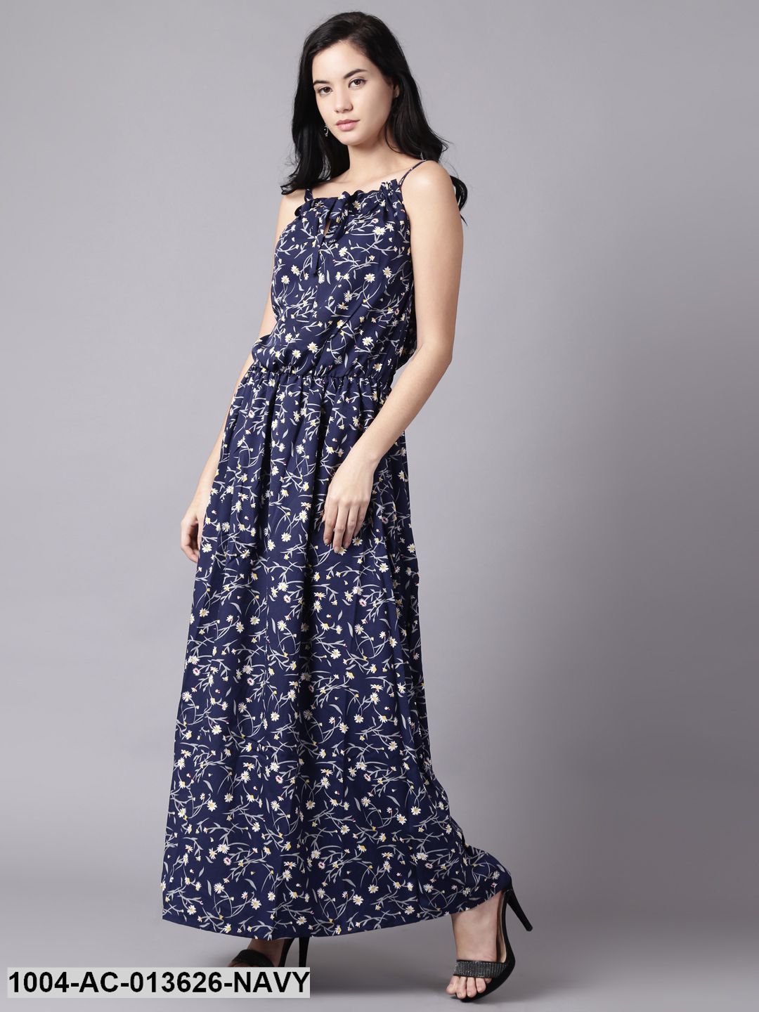 Navy Blue Floral Printed Shoulder Straps A-Line Dress - Image 3