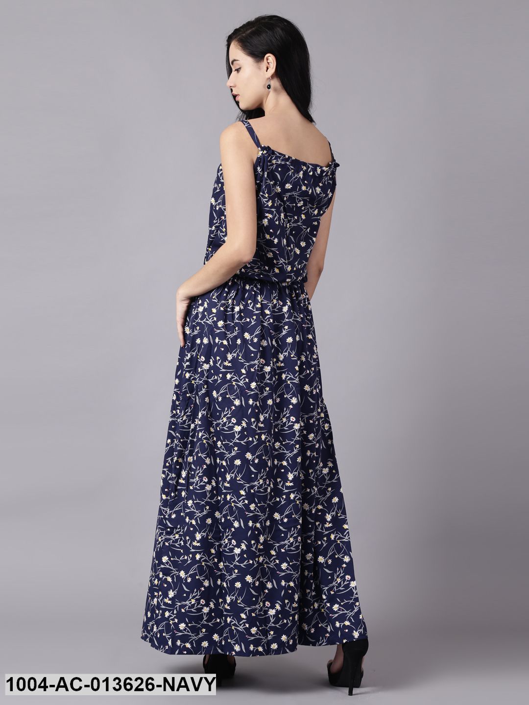 Navy Blue Floral Printed Shoulder Straps A-Line Dress - Image 4