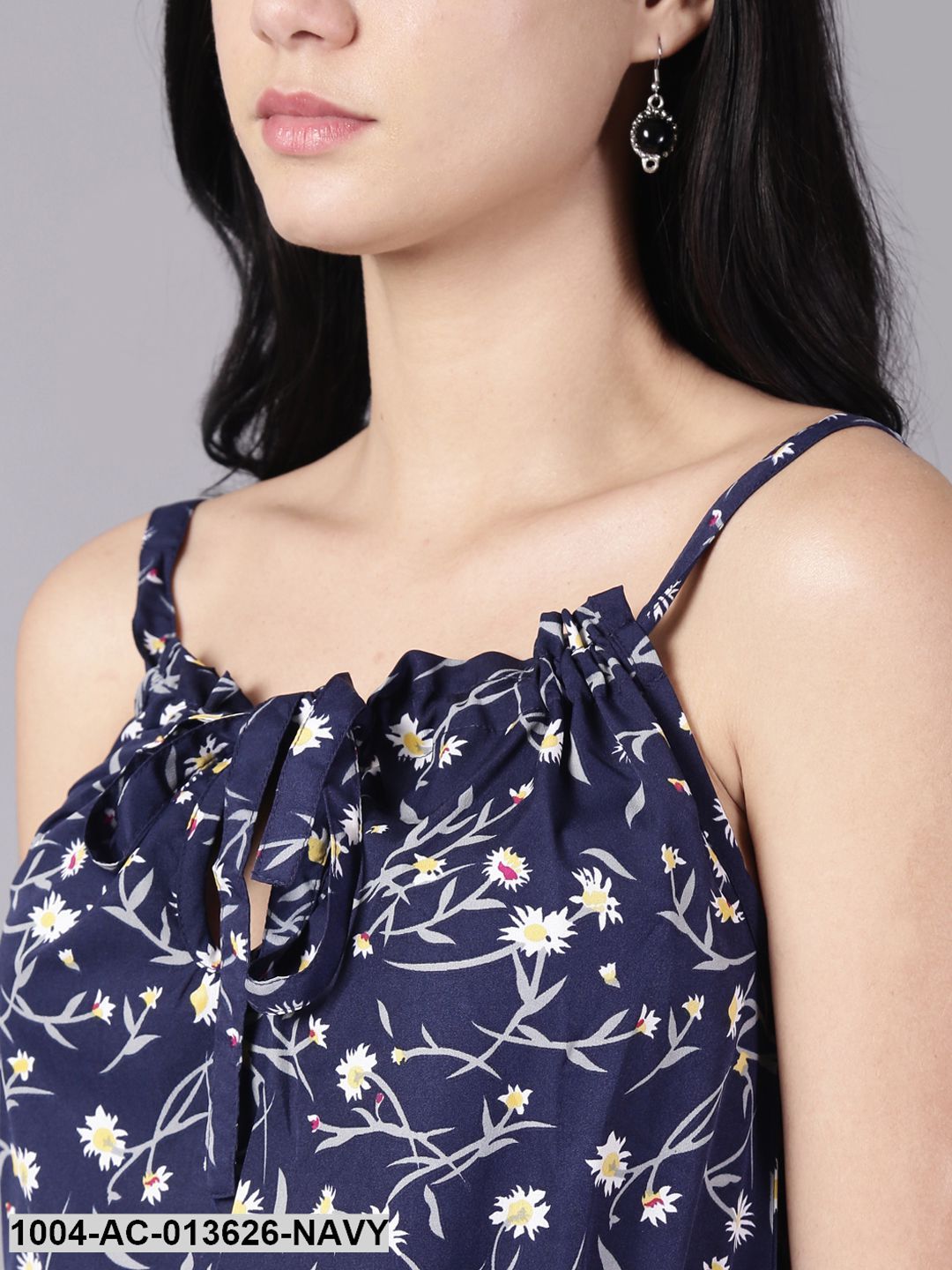 Navy Blue Floral Printed Shoulder Straps A-Line Dress - Image 5