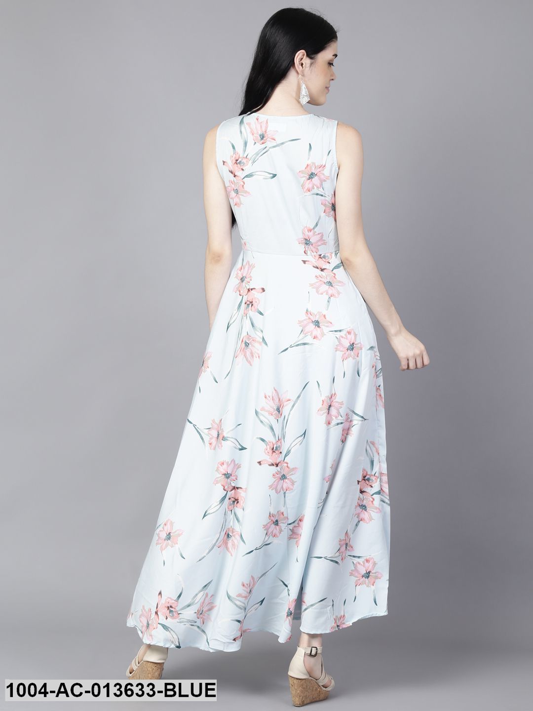 Powder Blue Floral Printed Round Neck Fit and Flare Dress - Image 2