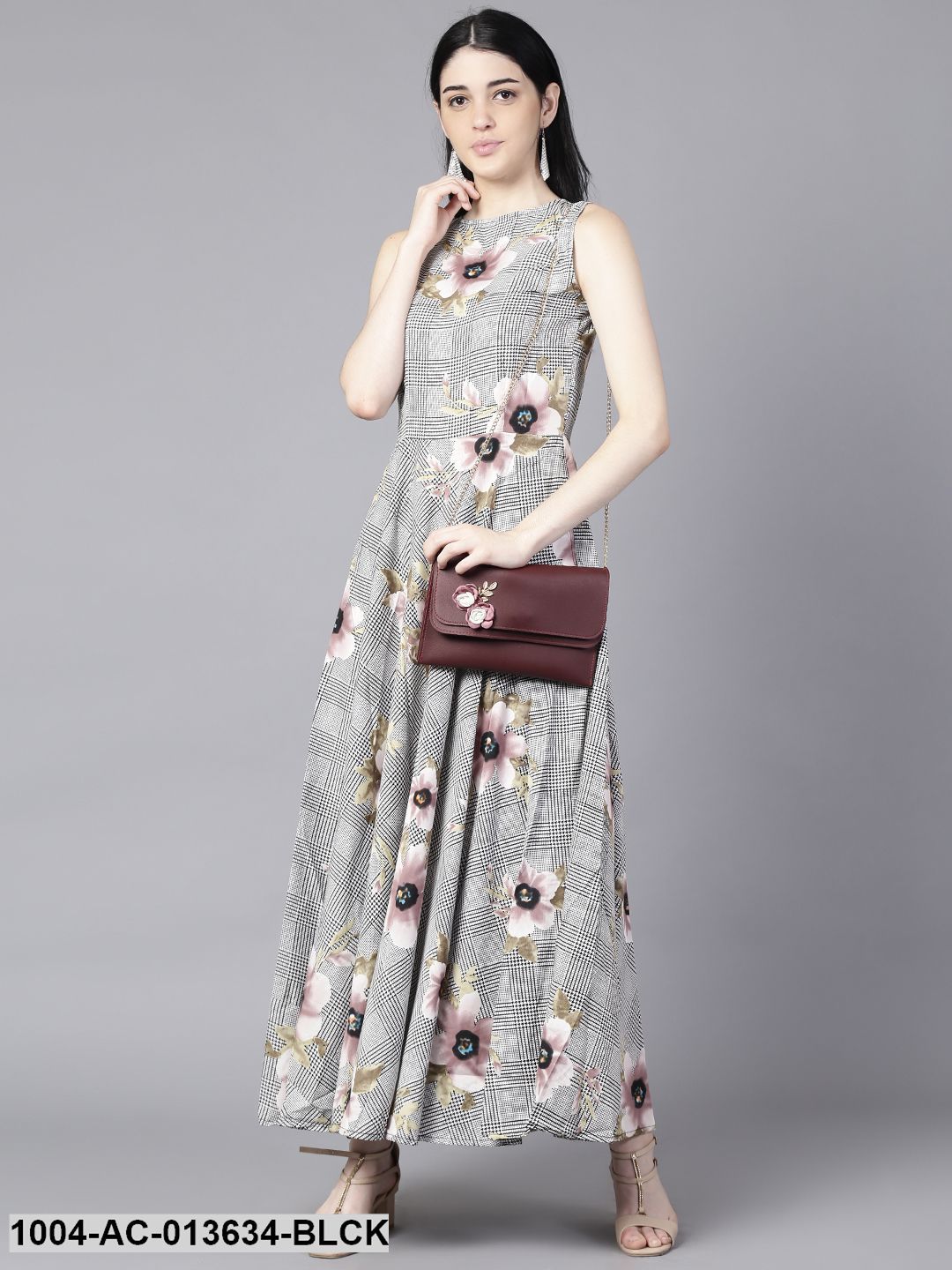 Black (Multi) Floral Printed Round Neck Fit and Flare Dress - Image 2