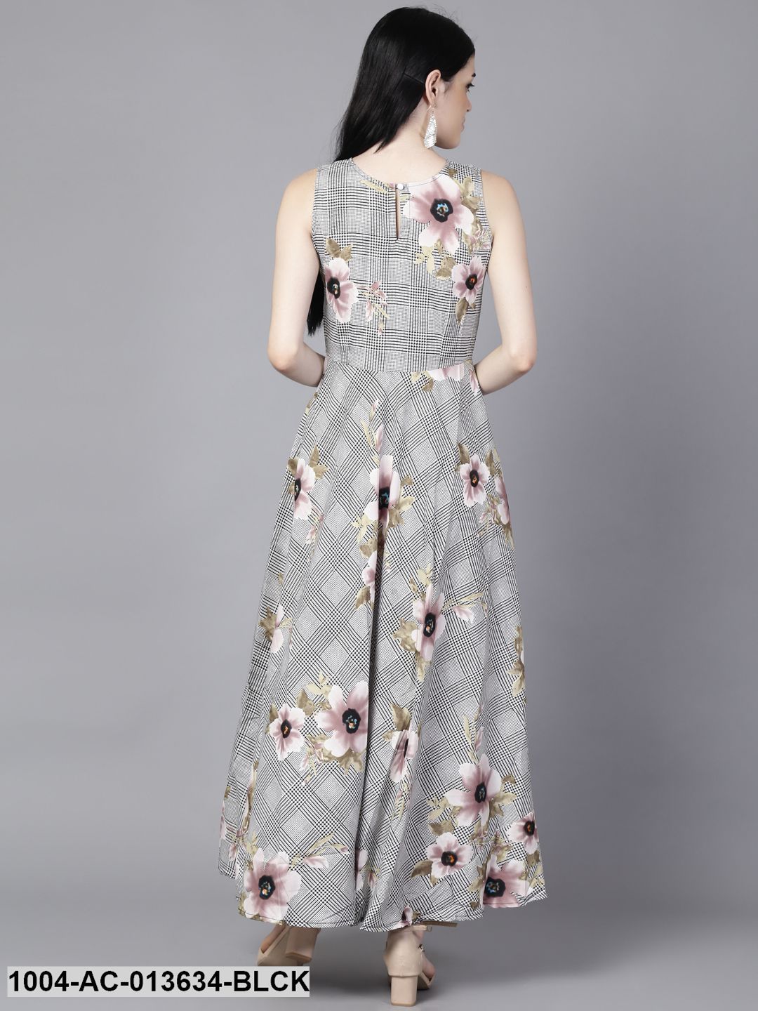 Black (Multi) Floral Printed Round Neck Fit and Flare Dress - Image 4
