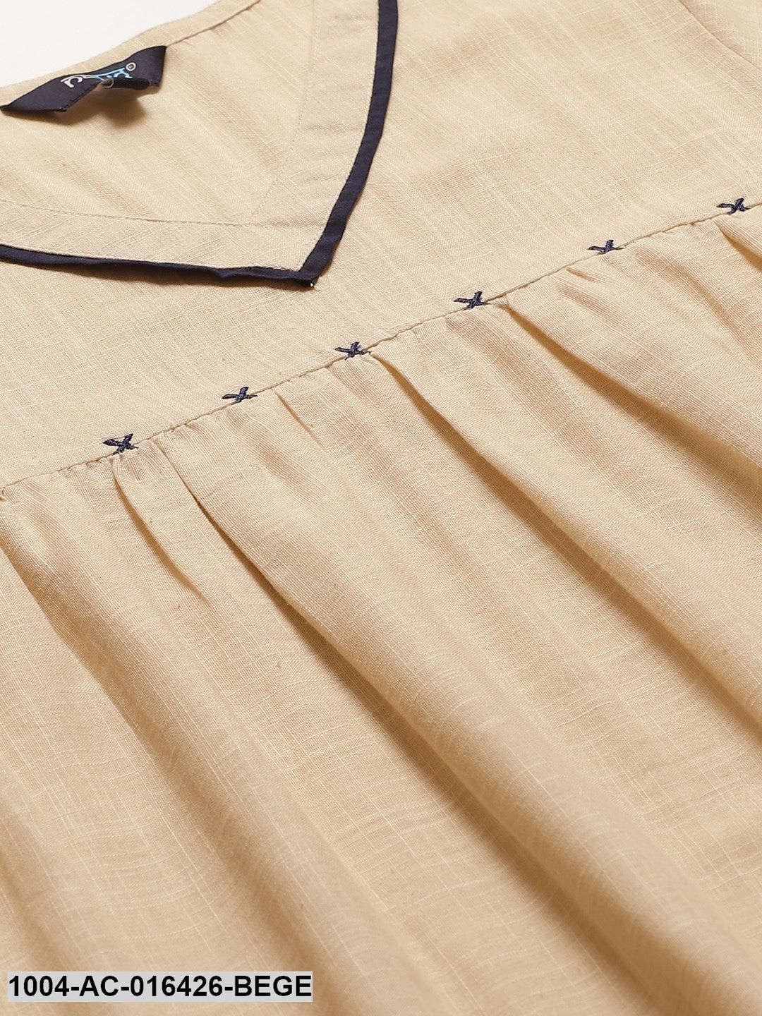 Beige Solid Solid V-Neck Cotton A-Line Dress - Image 4