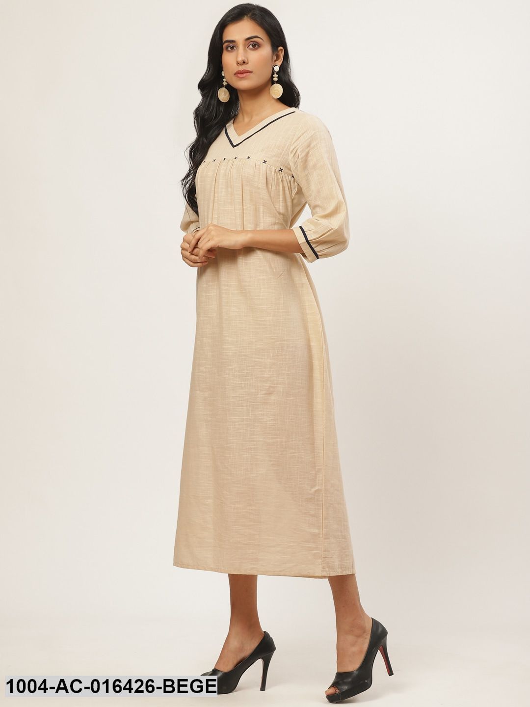 Beige Solid Solid V-Neck Cotton A-Line Dress - Image 5