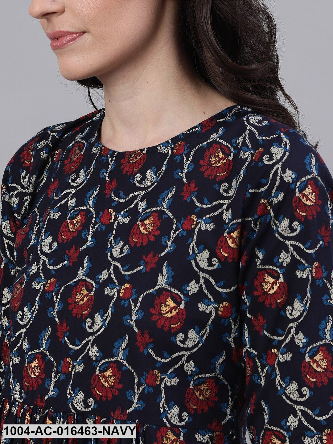 Navy Blue Floral Printed Round Neck Cotton Maxi Dress - Image 2