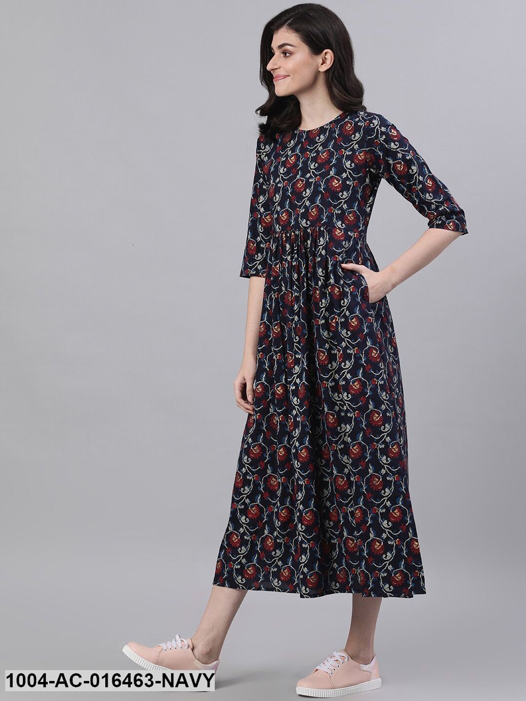 Navy Blue Floral Printed Round Neck Cotton Maxi Dress - Image 3
