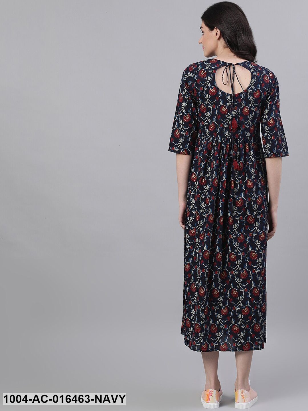 Navy Blue Floral Printed Round Neck Cotton Maxi Dress - Image 4