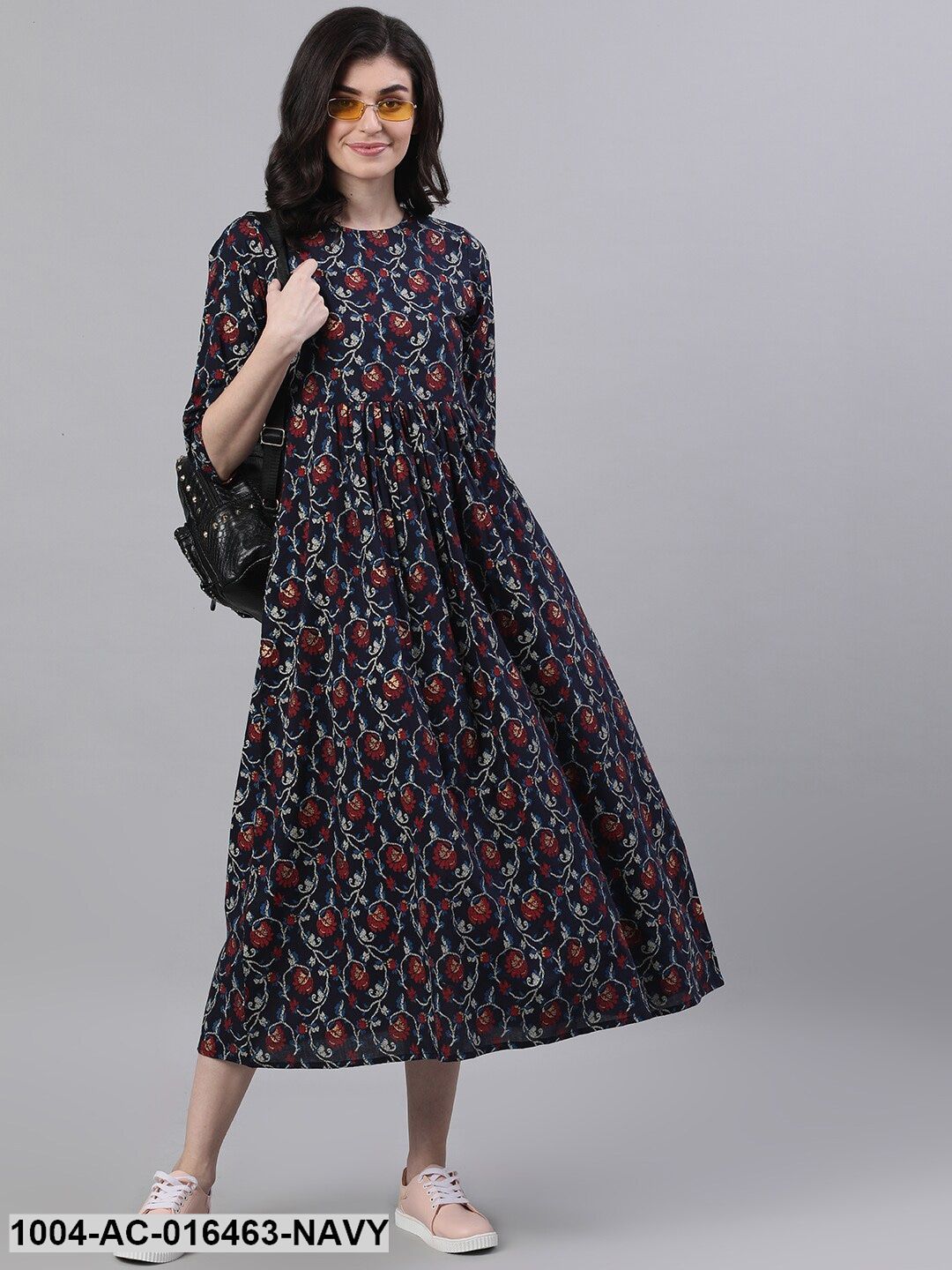 Navy Blue Floral Printed Round Neck Cotton Maxi Dress - Image 5