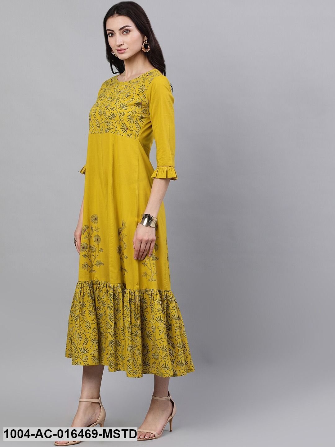 Yellow Floral Printed Round Neck Cotton Maxi Dress With Dupatta - Image 4