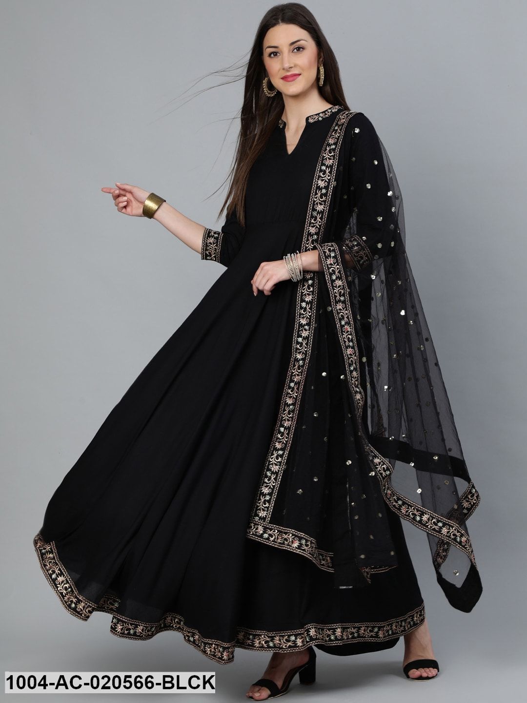 Black Embroidered Fit and Flare Dress With Sequinned Dupatta - Image 6