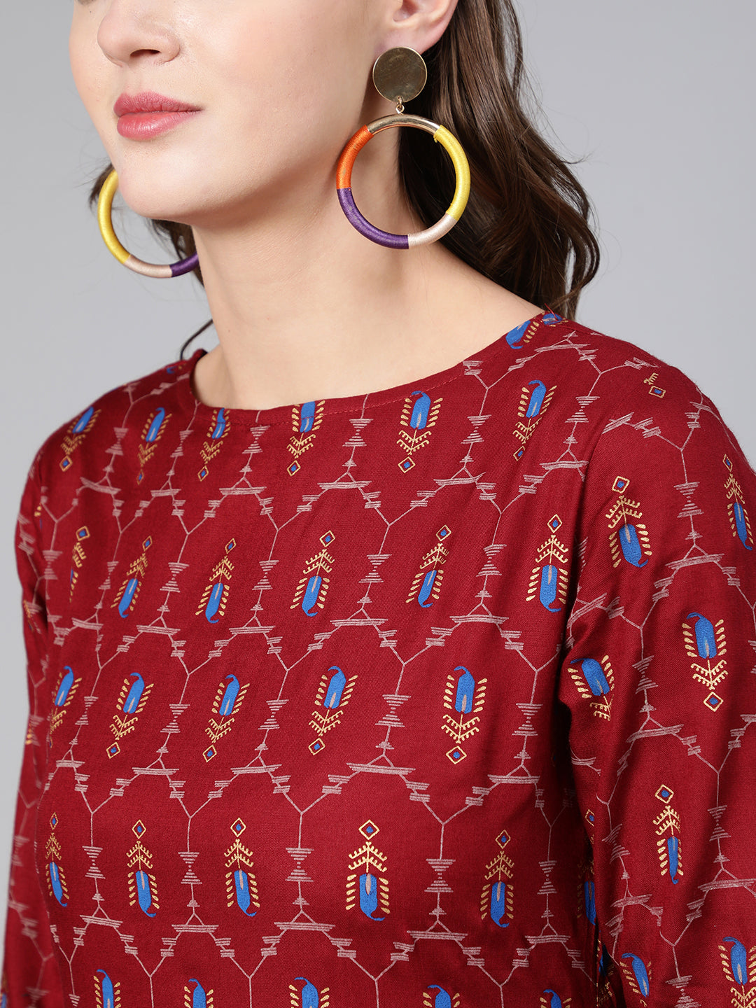 Maroon Printed Flared Dress With Three Quarter Sleeves - Image 4