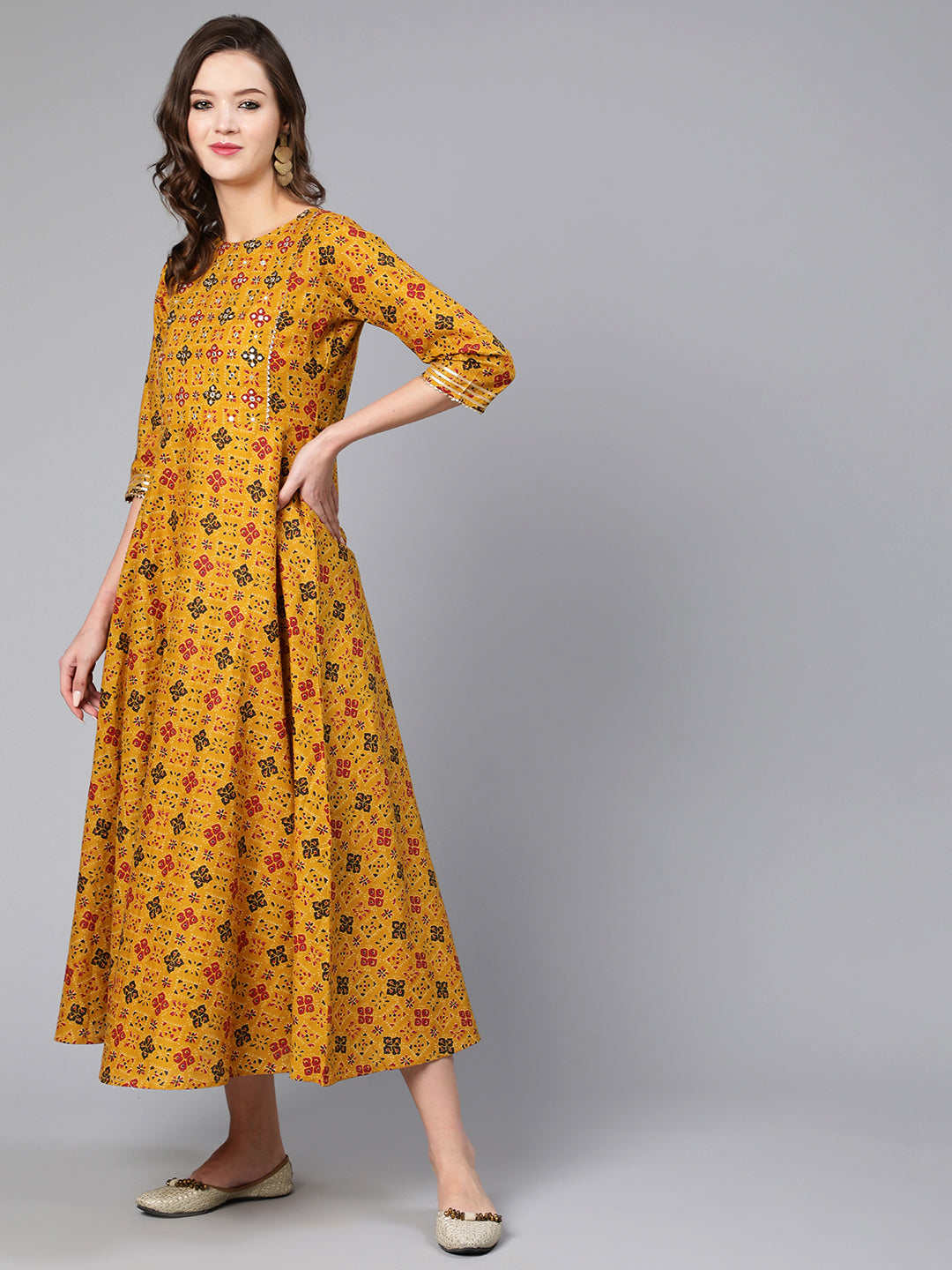Mustard Ethnic Printed Flared Dress - Image 2