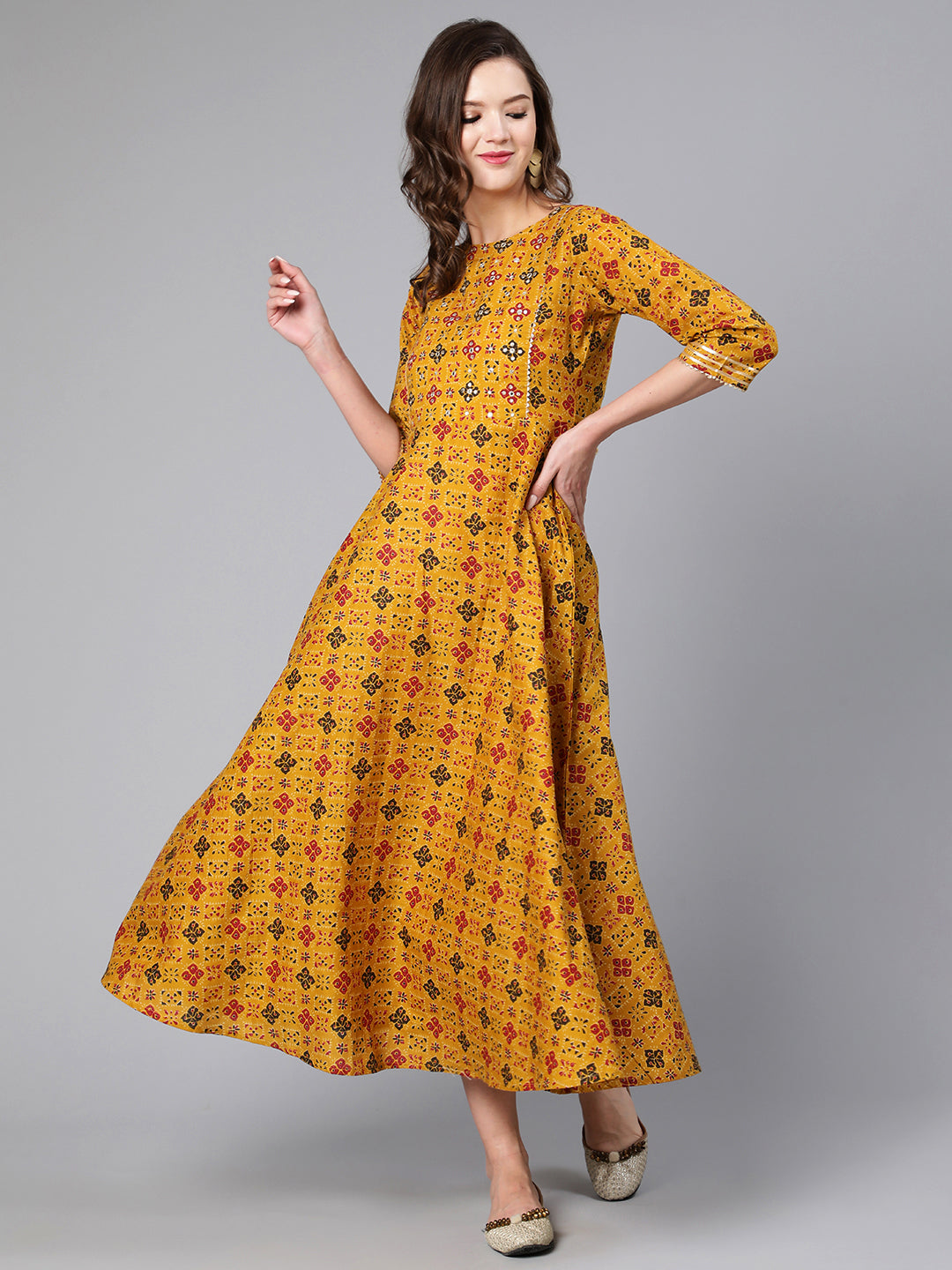 Mustard Ethnic Printed Flared Dress - Image 5