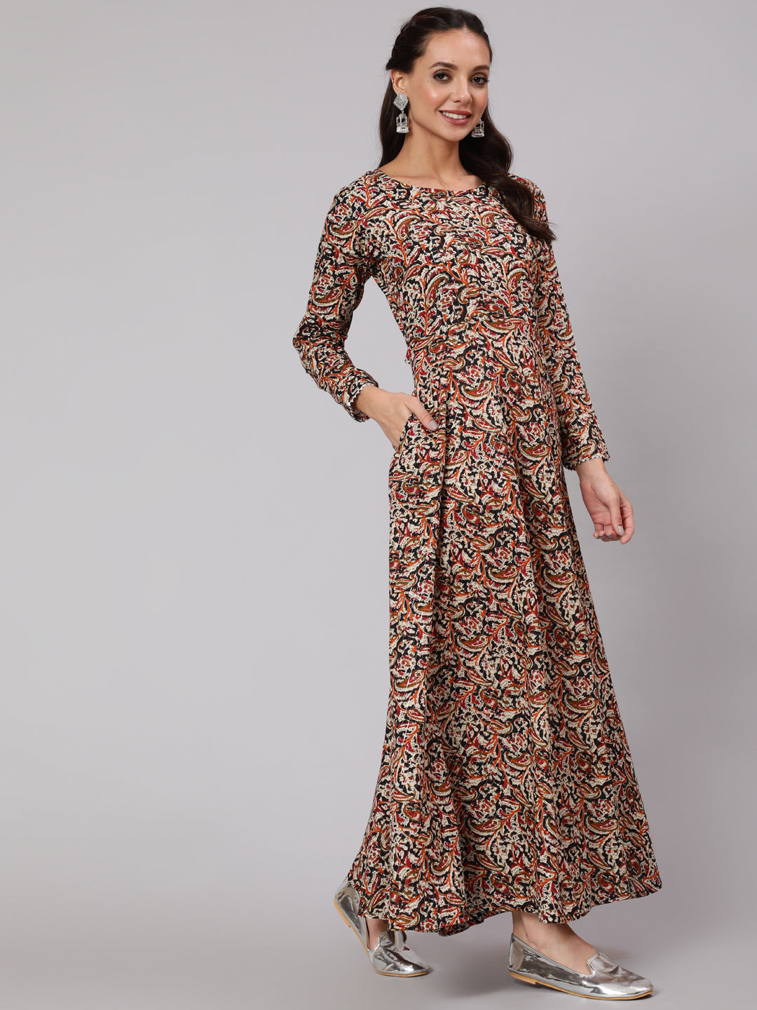 Multi Ethnic Printed Dress With Three Quarter Sleeves - Image 2