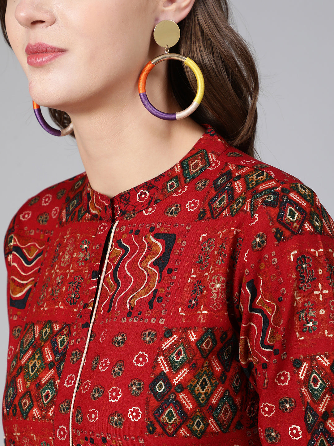 Red Ethnic Printed Flared Dress - Image 5