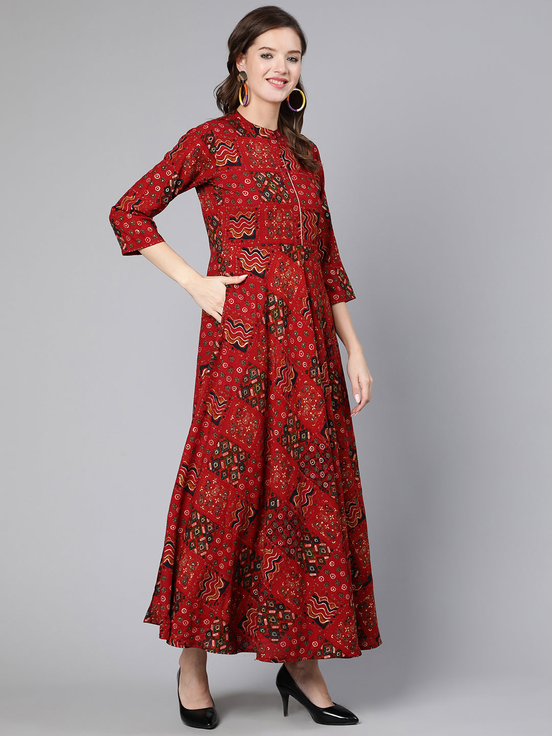 Red Ethnic Printed Flared Dress - Image 2