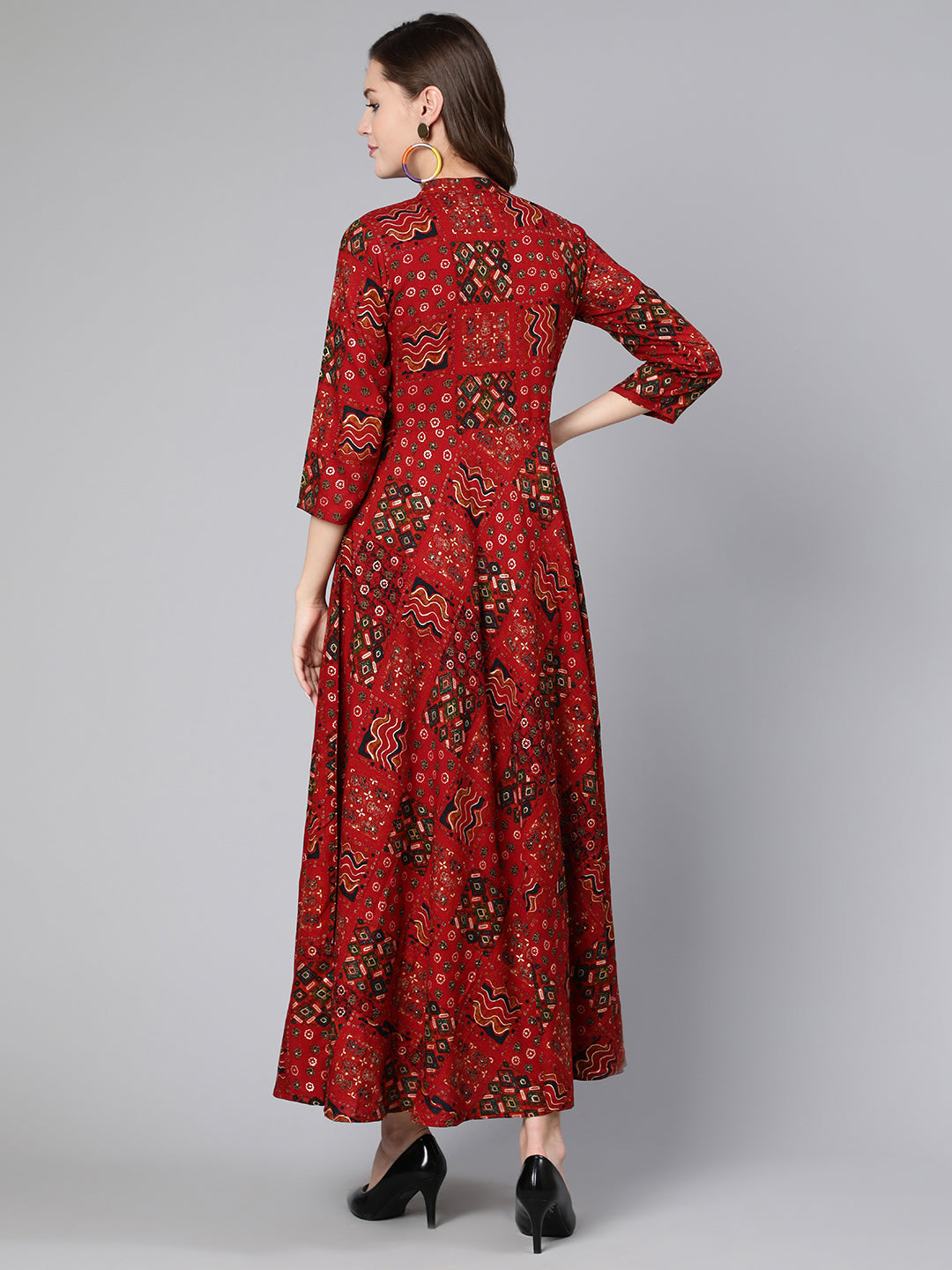 Red Ethnic Printed Flared Dress - Image 3