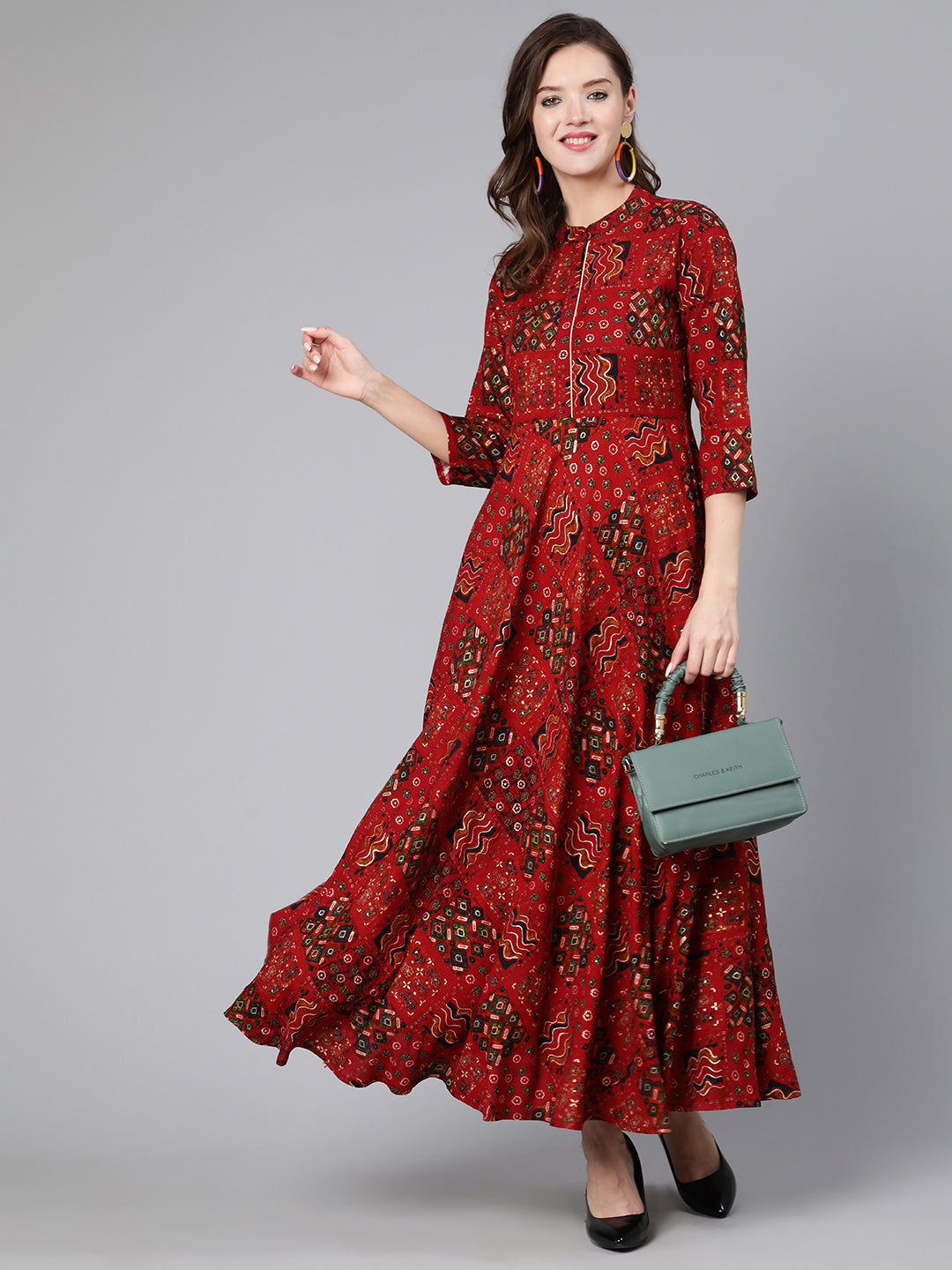 Red Ethnic Printed Flared Dress - Image 4