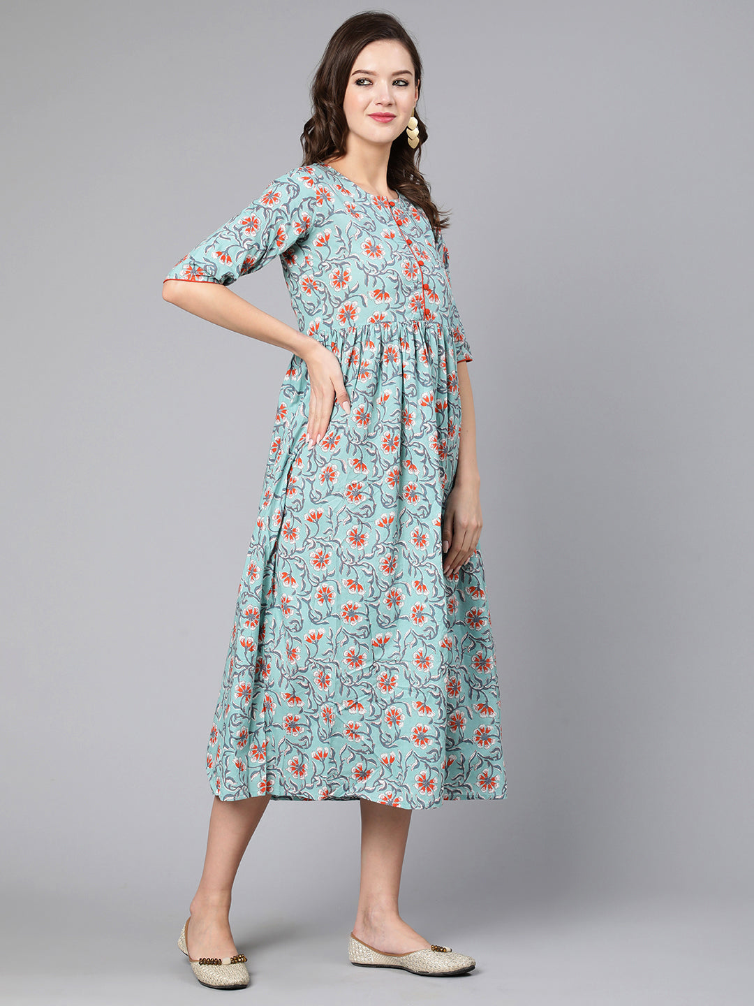 Green Floral Printed Flared Dress With Three Quarter Sleeves - Image 6