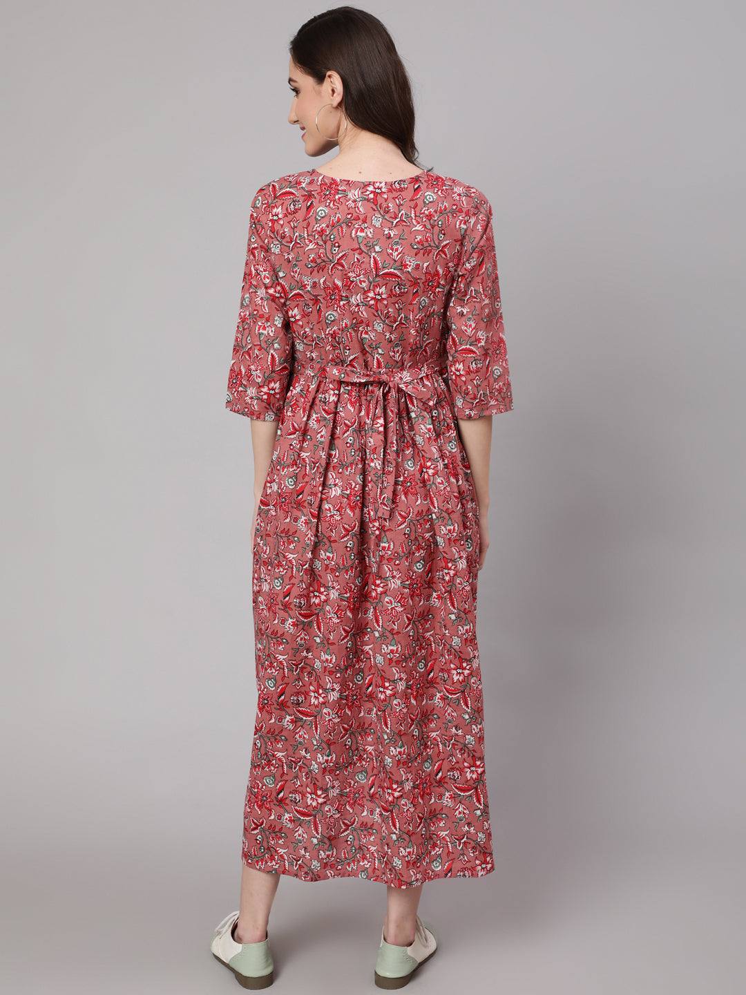 Mauve Floral Printed Flared Maternity Dress - Image 3