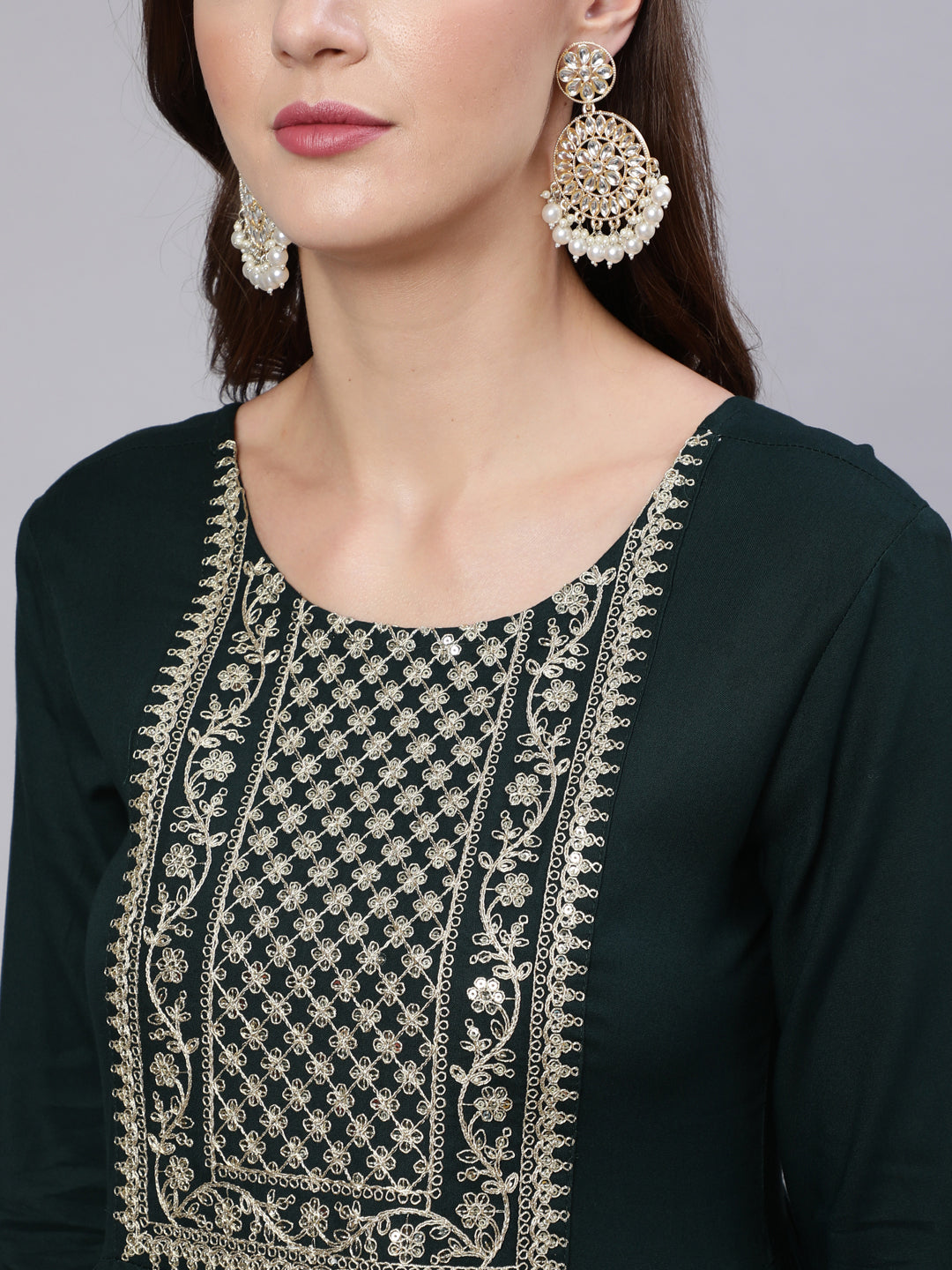 Green Embroidered Flared Dress With Net Dupatta - Image 5