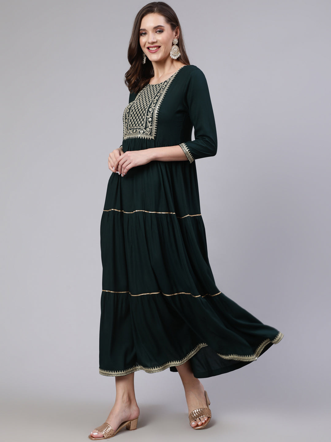 Green Embroidered Flared Dress With Net Dupatta - Image 4