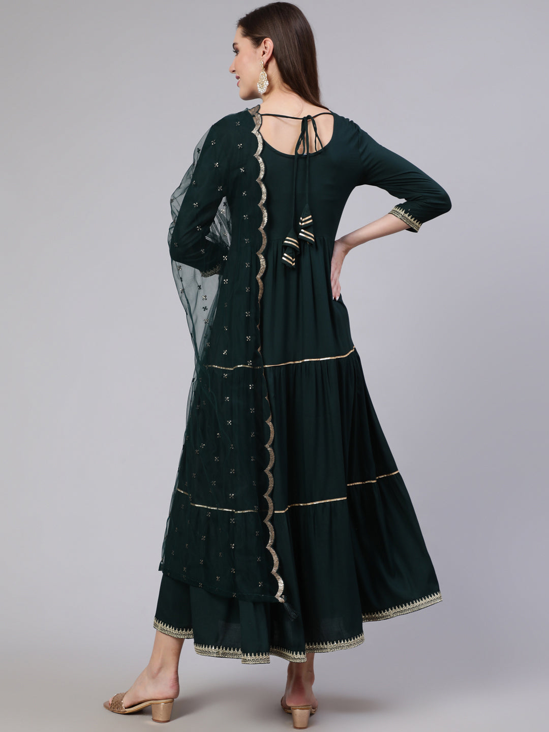 Green Embroidered Flared Dress With Net Dupatta - Image 2