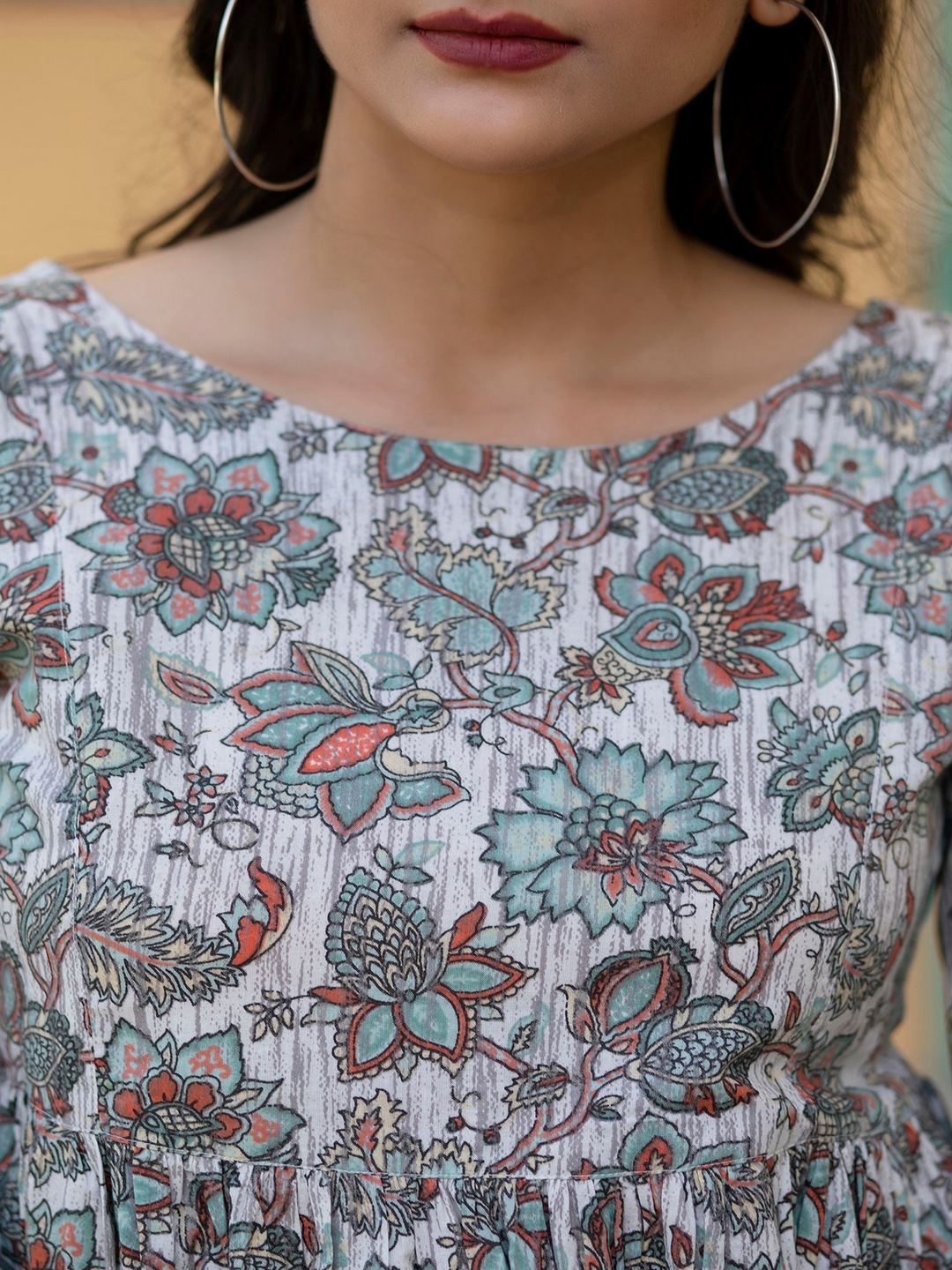 Off-White Ethnic Printed Flared Dress With Three Quarter Sleeves - Image 2