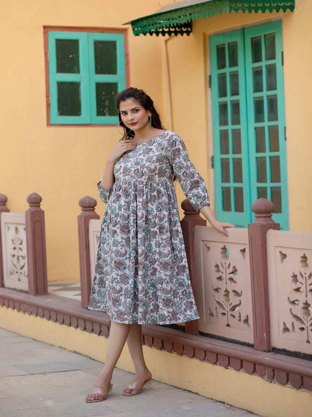 Off-White Ethnic Printed Flared Dress With Three Quarter Sleeves - Image 3