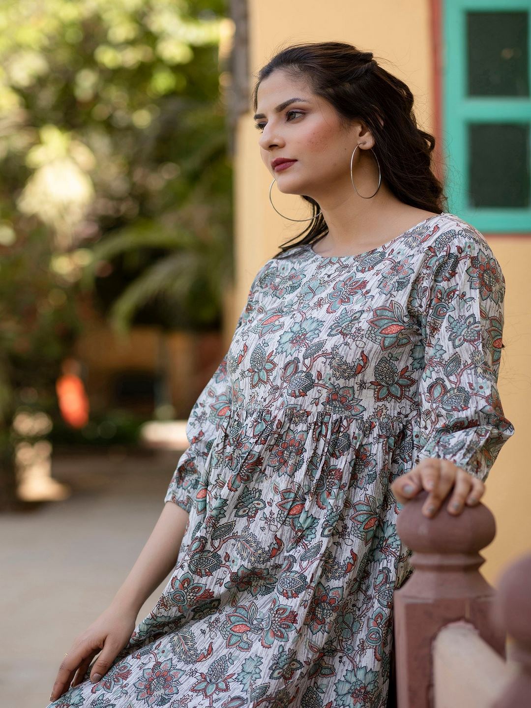 Off-White Ethnic Printed Flared Dress With Three Quarter Sleeves - Image 4