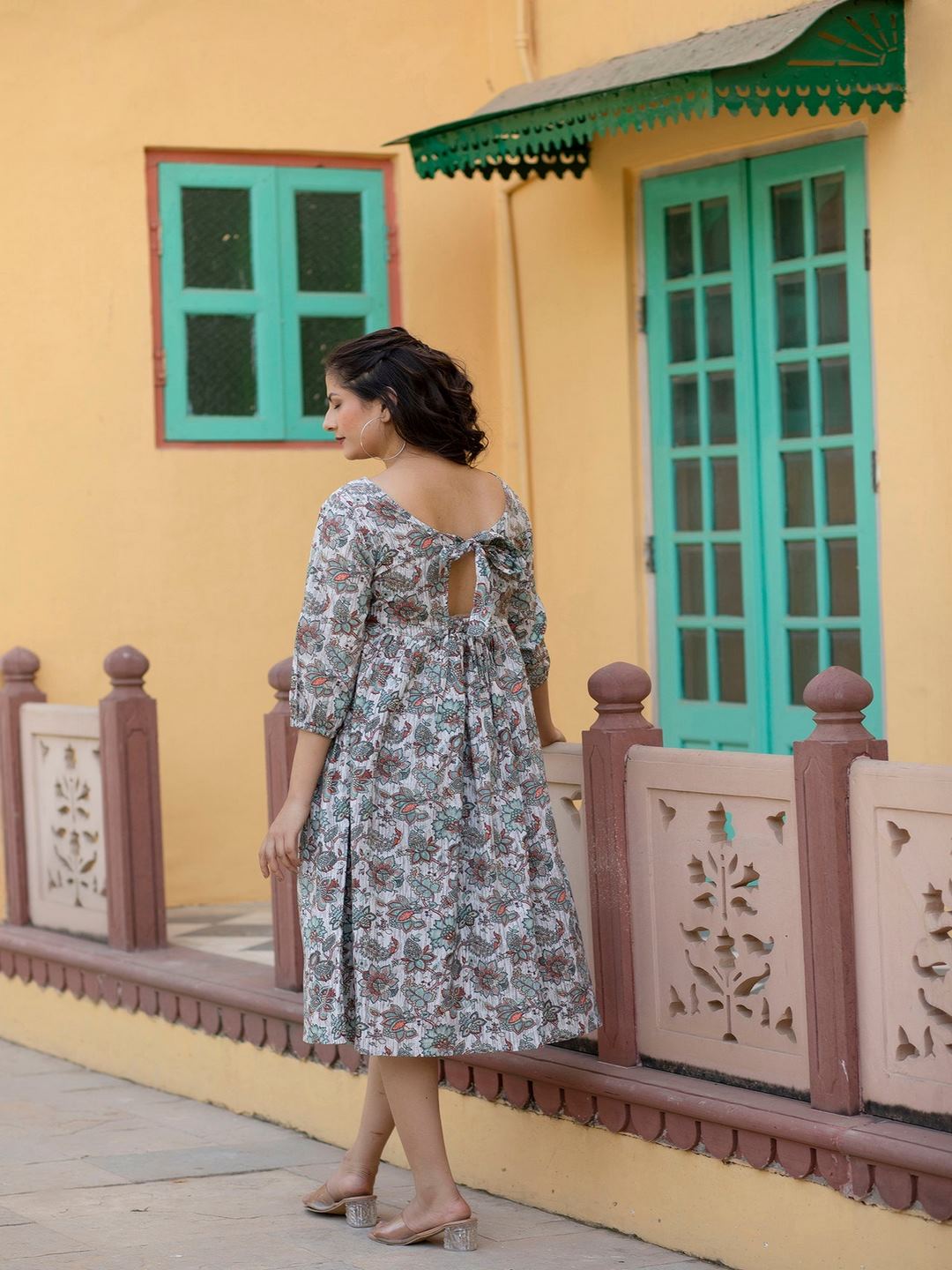 Off-White Ethnic Printed Flared Dress With Three Quarter Sleeves - Image 5