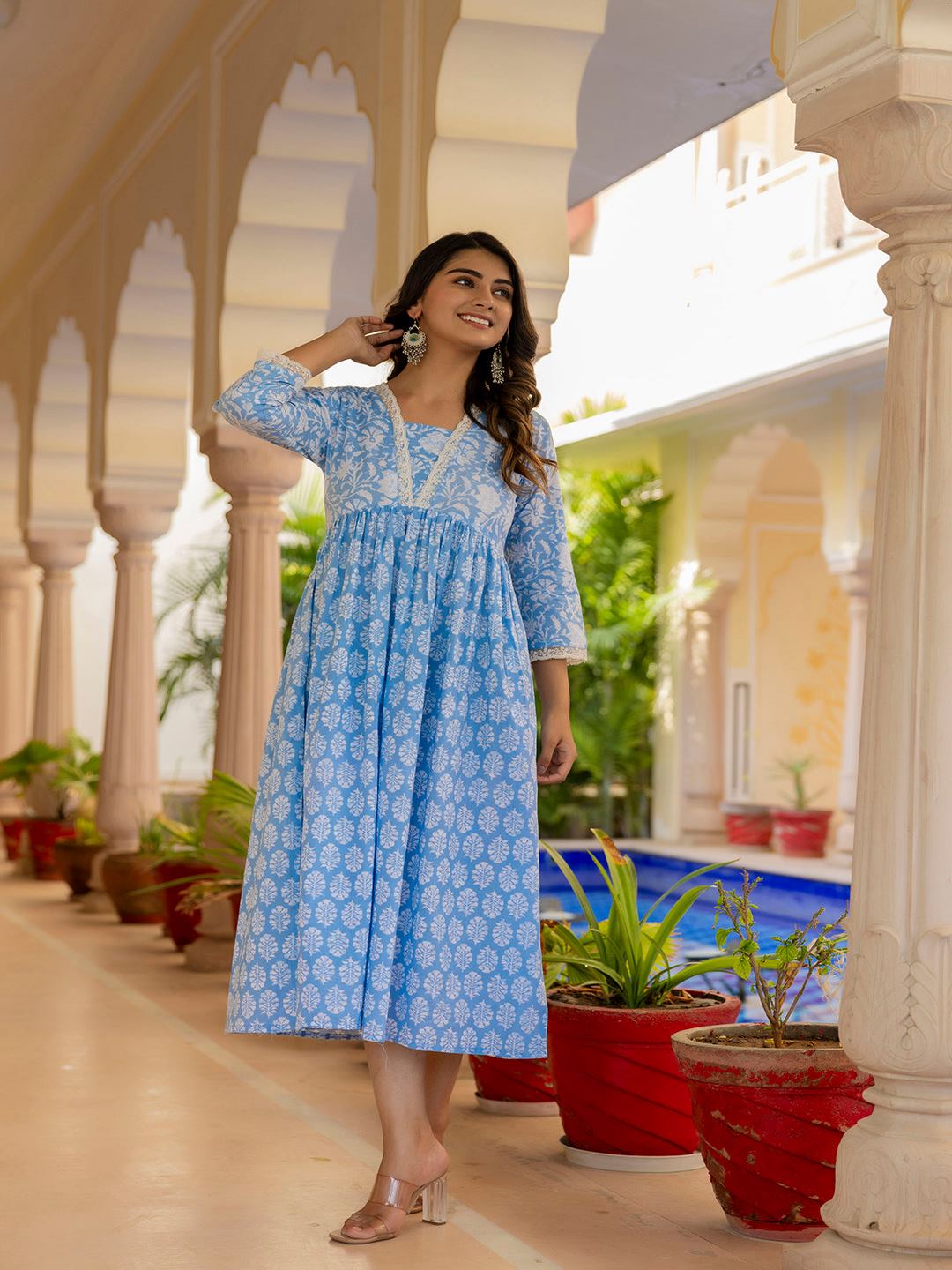 Blue Ethnic Printed Flared Dress - Image 3