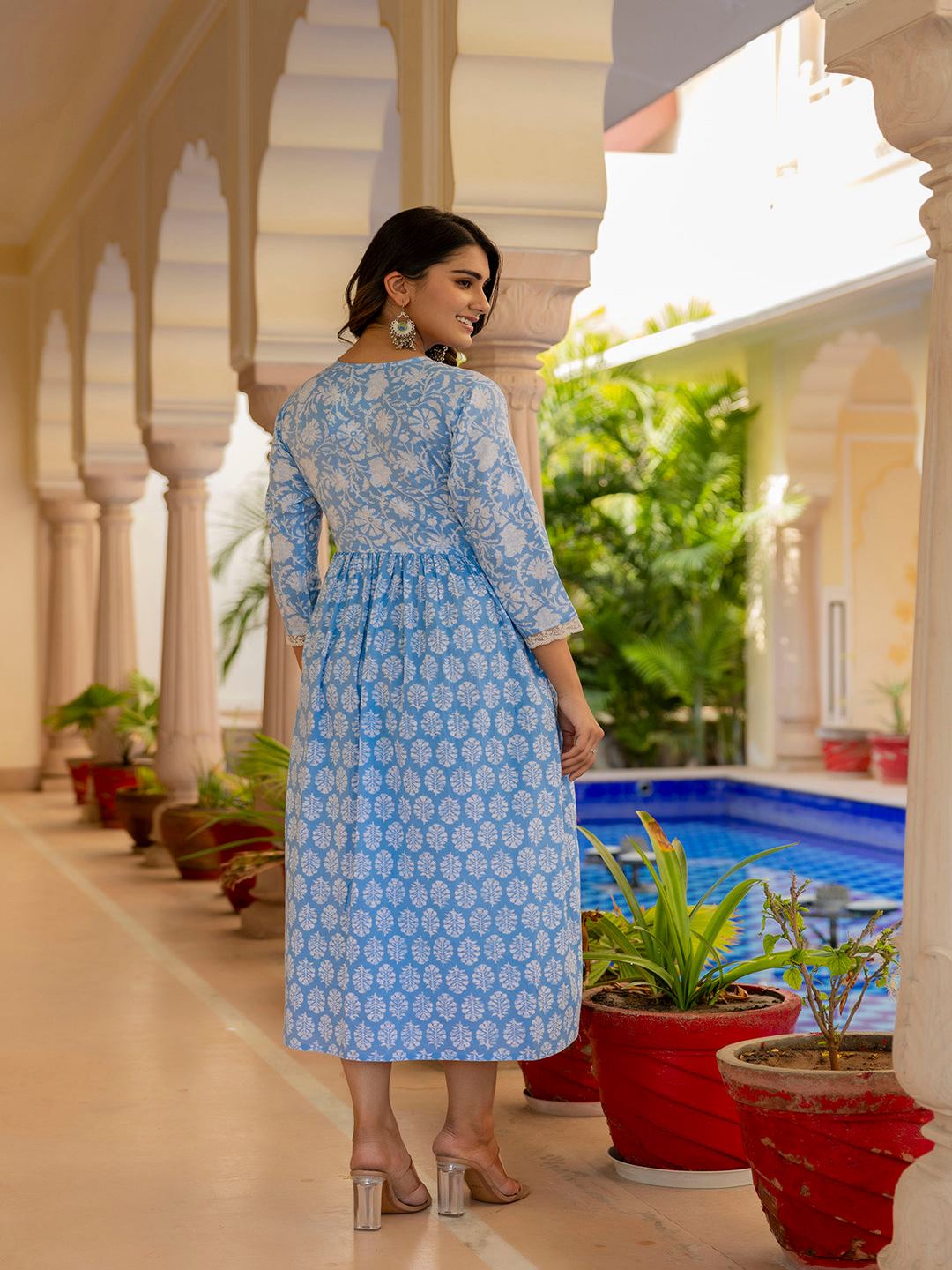 Blue Ethnic Printed Flared Dress - Image 5