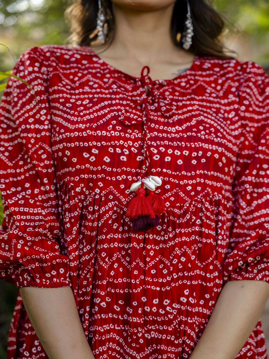 Red Bandhani Printed Flared Dress - Image 2
