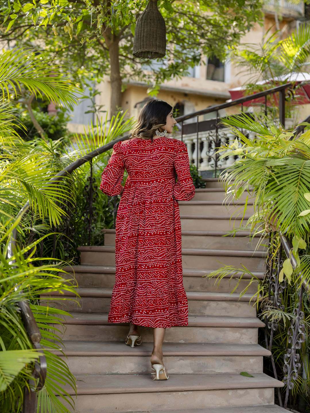 Red Bandhani Printed Flared Dress - Image 5