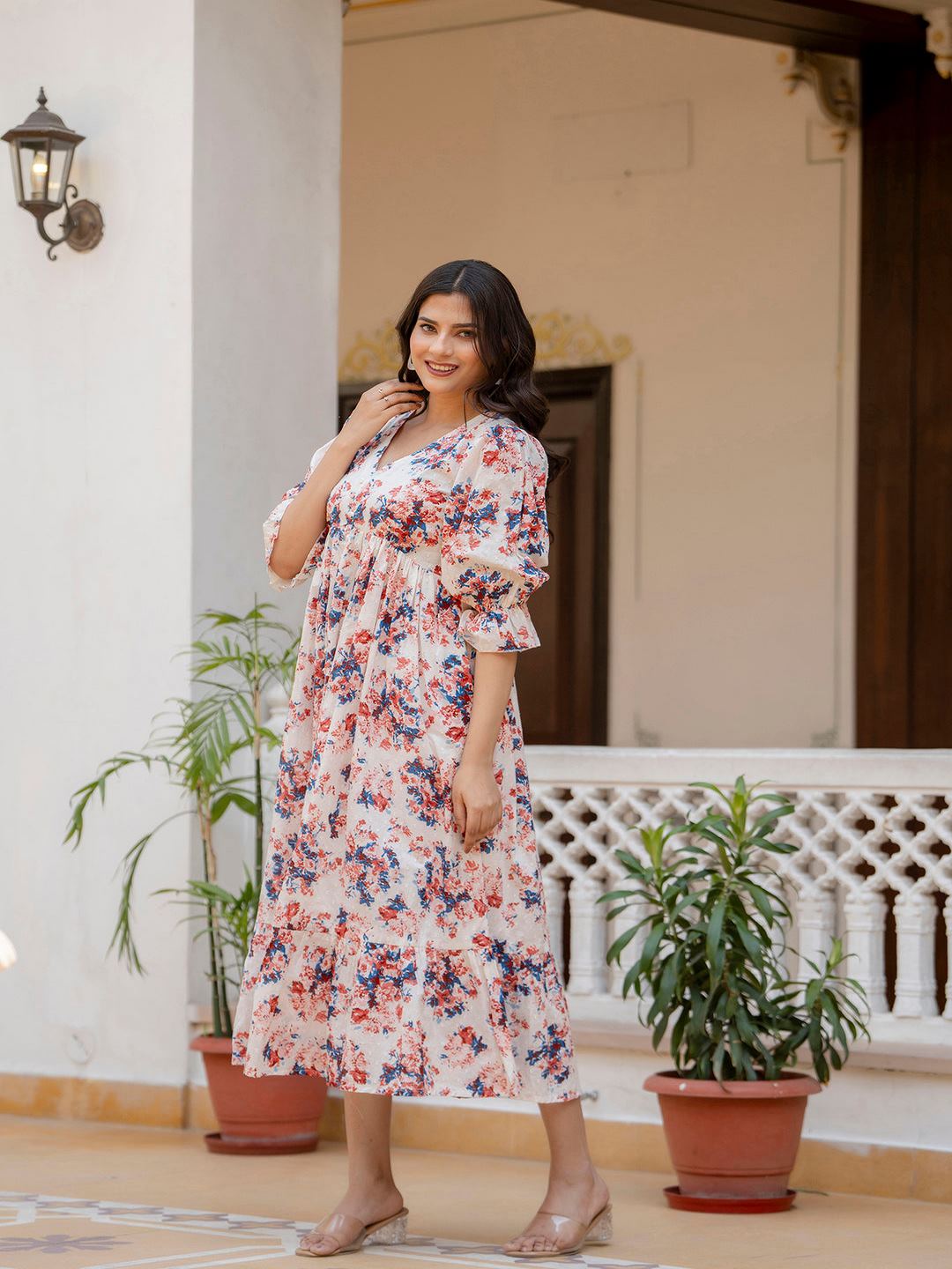 Off-White Floral Printed Flared Dress With Three Quarter Sleeves - Image 3