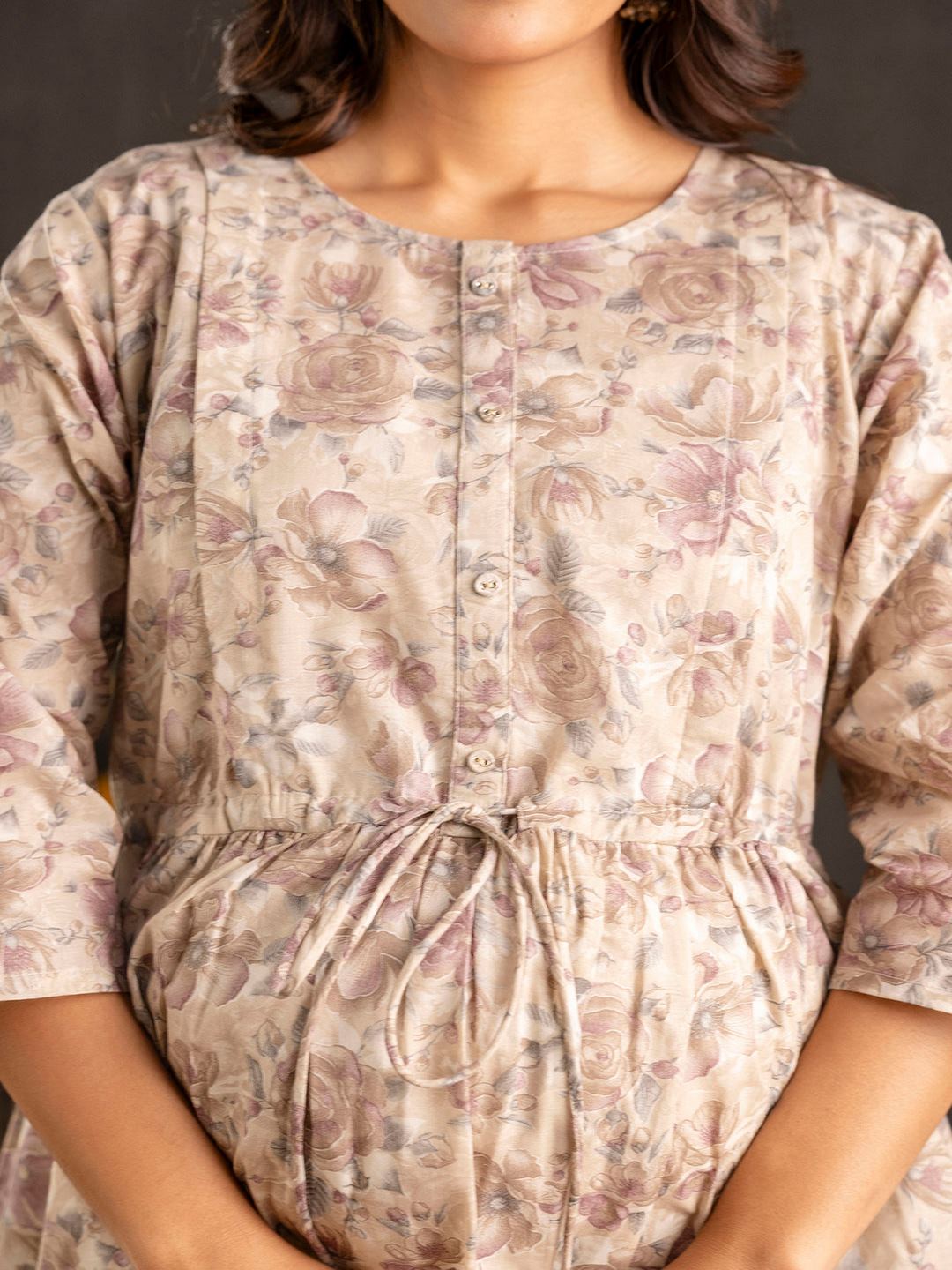 Beige Printed Flared Maternity Dress - Image 3