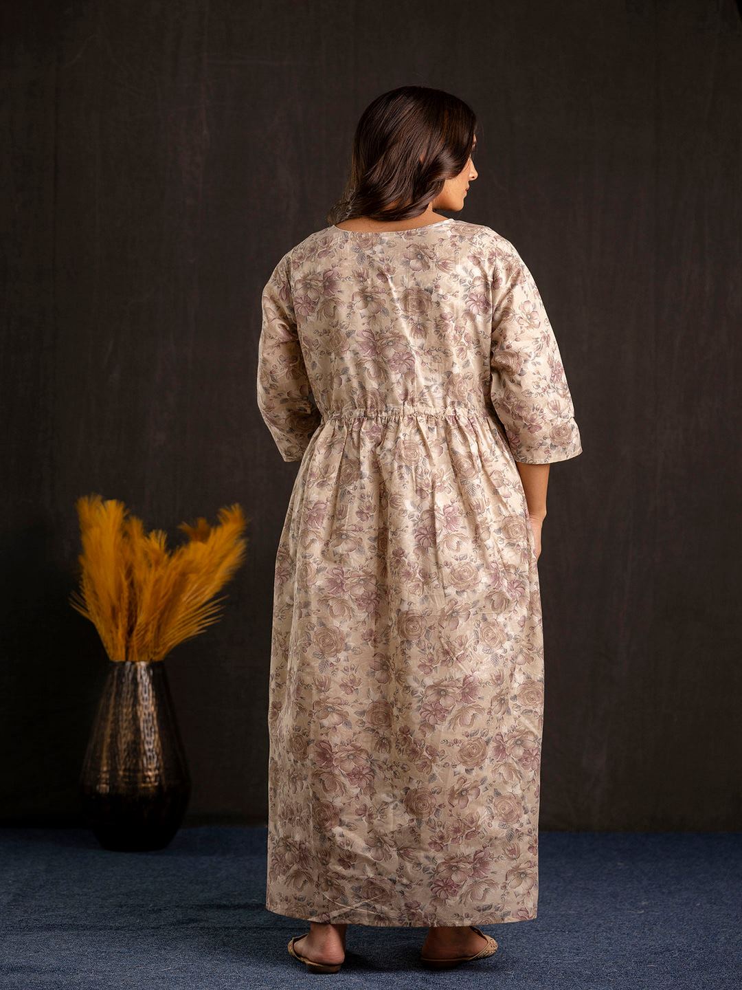 Beige Printed Flared Maternity Dress - Image 4
