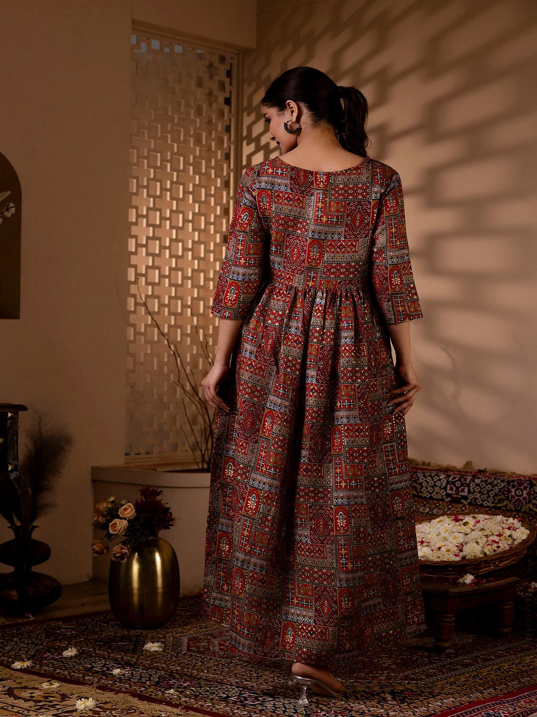 Maroon Abstract Printed Flared Dress - Image 5