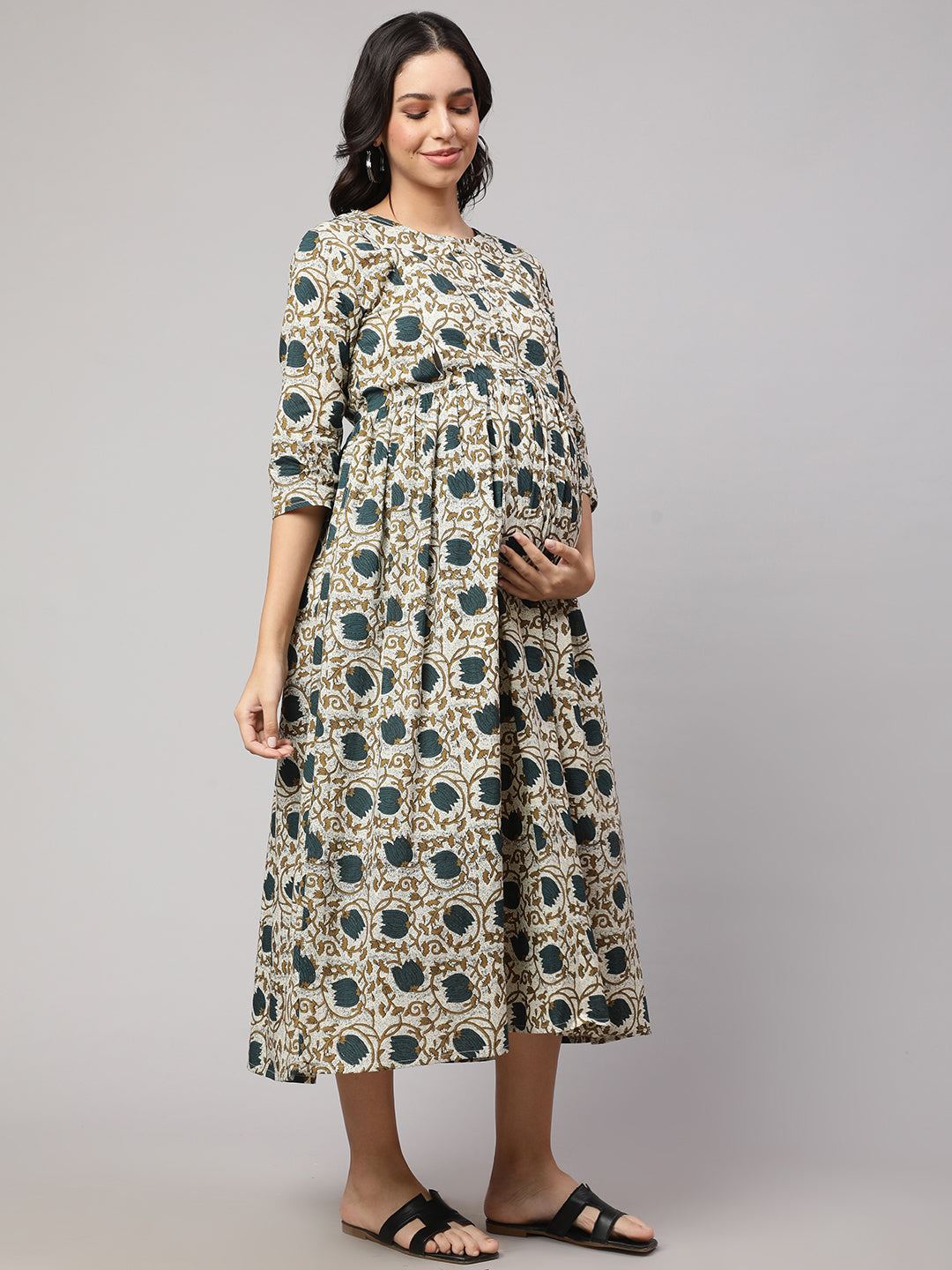 Beige Printed Flared Maternity Dress - Image 4