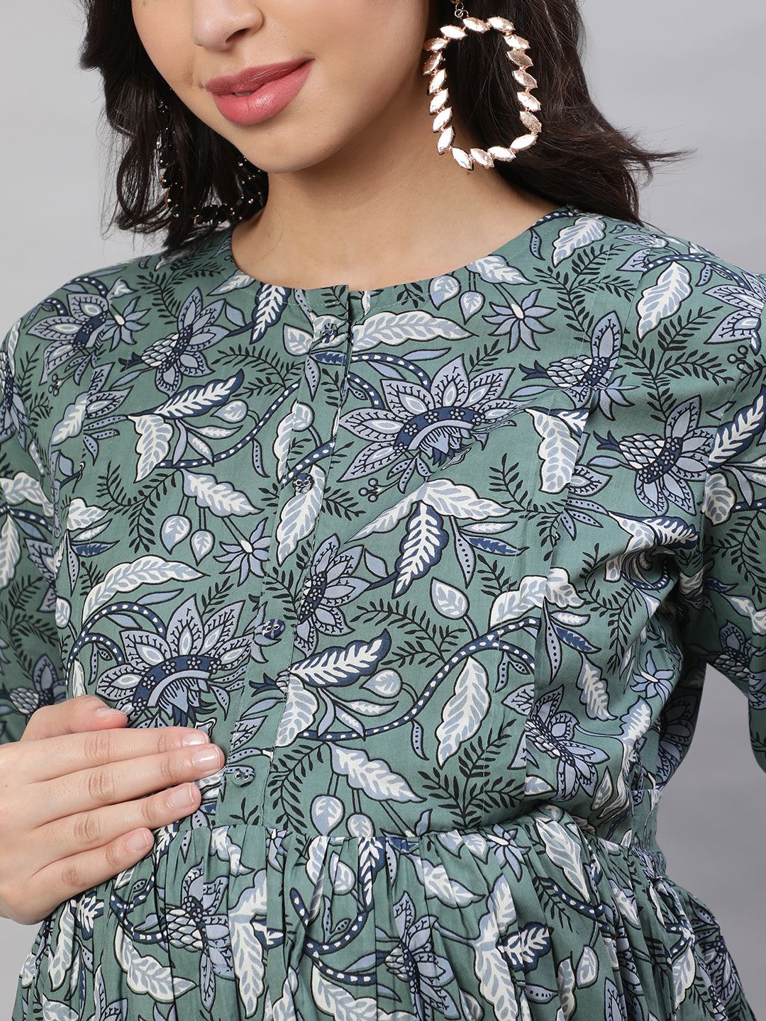 Green Printed Flared Maternity Dress - Image 2