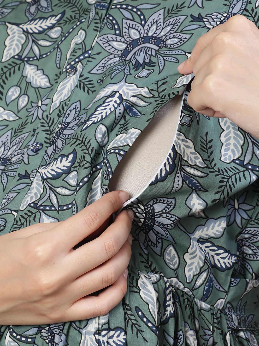 Green Printed Flared Maternity Dress - Image 3