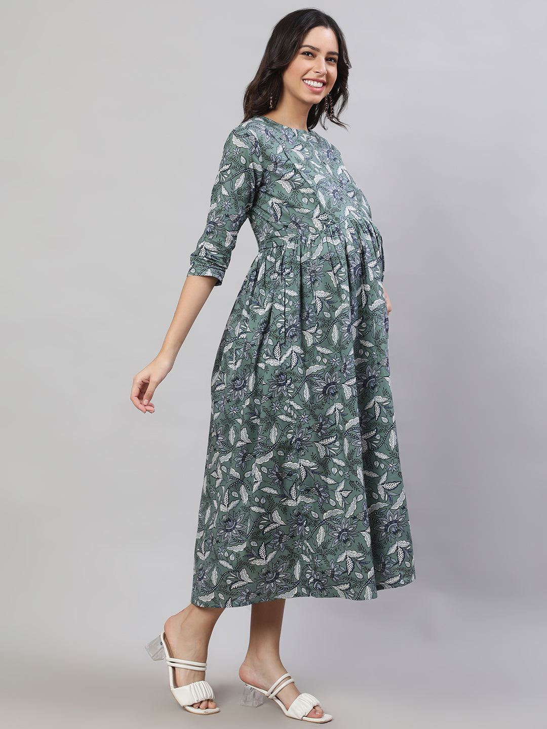 Green Printed Flared Maternity Dress - Image 4